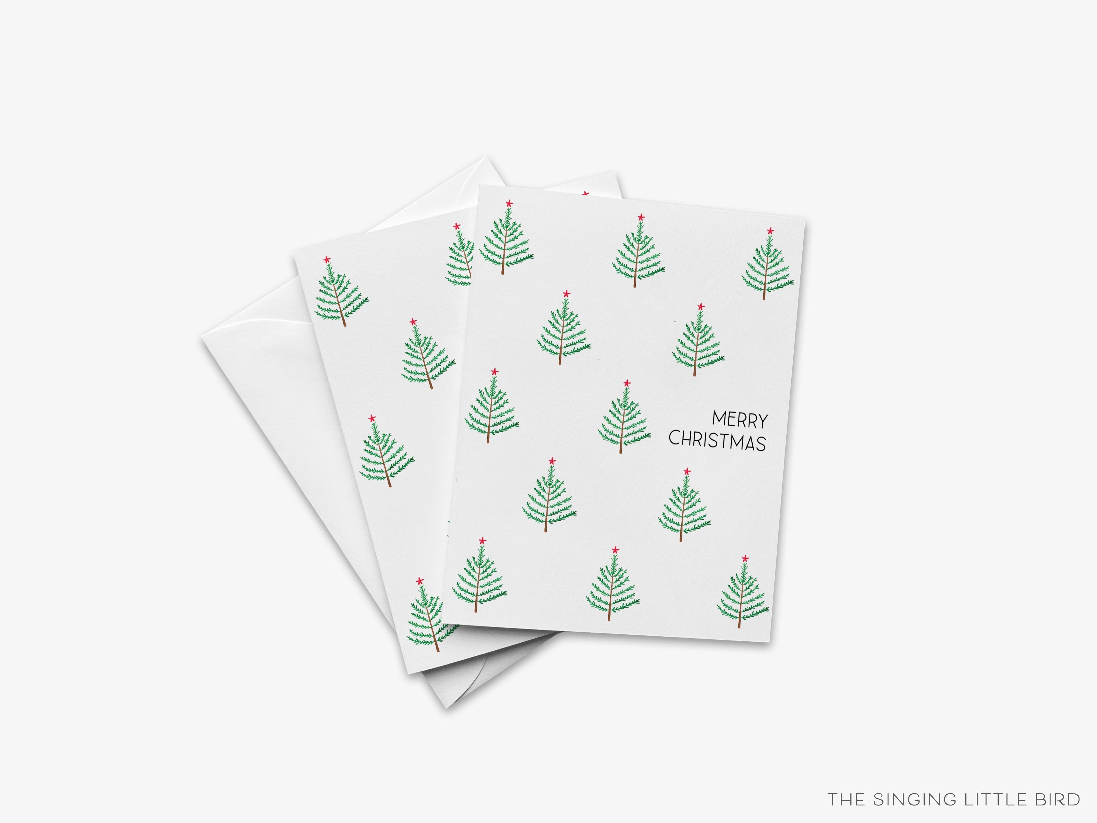 Merry Christmas Evergreen Greeting Card-These folded greeting cards are 4.25x5.5 and feature our hand-painted evergreen trees, printed in the USA on 100lb textured stock. They come with a White envelope and make a great Christmas card for the tree lover in your life.-The Singing Little Bird