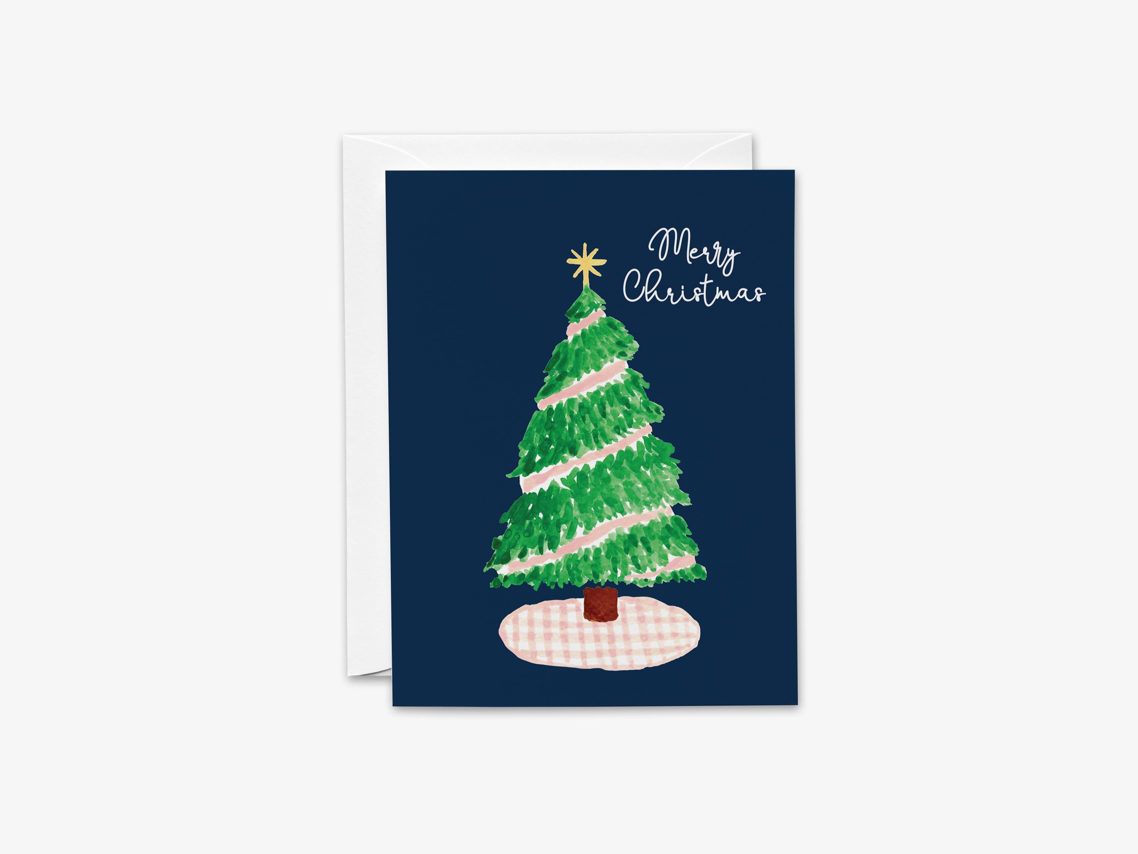Merry Christmas Pink Gingham Tree Greeting Card-These folded greeting cards are 4.25x5.5 and feature our hand-painted Christmas tree and pink gingham, printed in the USA on 100lb textured stock. They come with a White envelope and make a great Christmas card for the tree lover in your life.-The Singing Little Bird