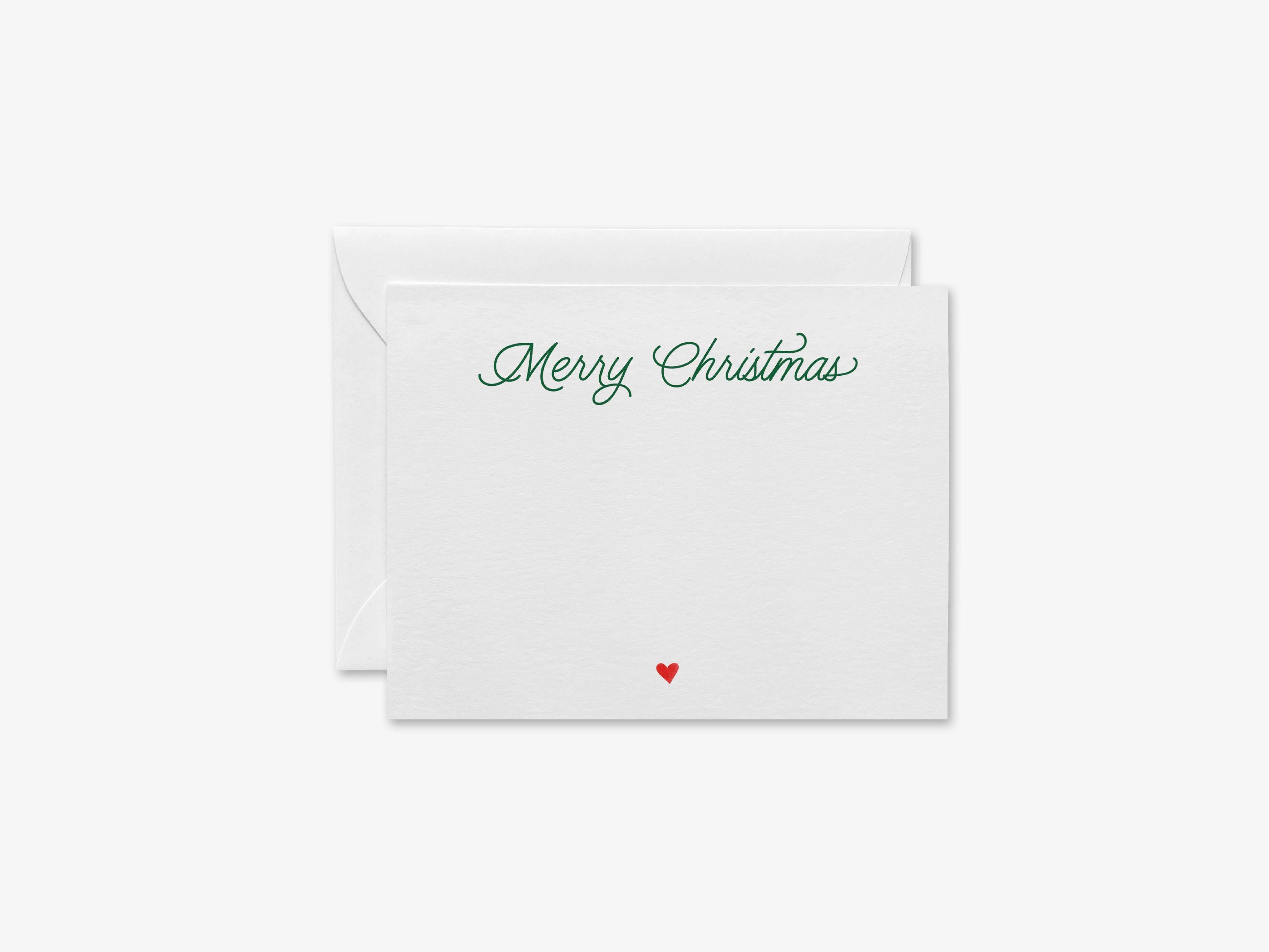 Merry Christmas Script Flat Notes [Sets of 8]-These flat notecards are 4.25x5.5 and feature our hand-painted watercolor heart and red and green script print, printed in the USA on 120lb textured stock. They come with white envelopes and make great thank yous and gifts for the holiday lover in your life.-The Singing Little Bird