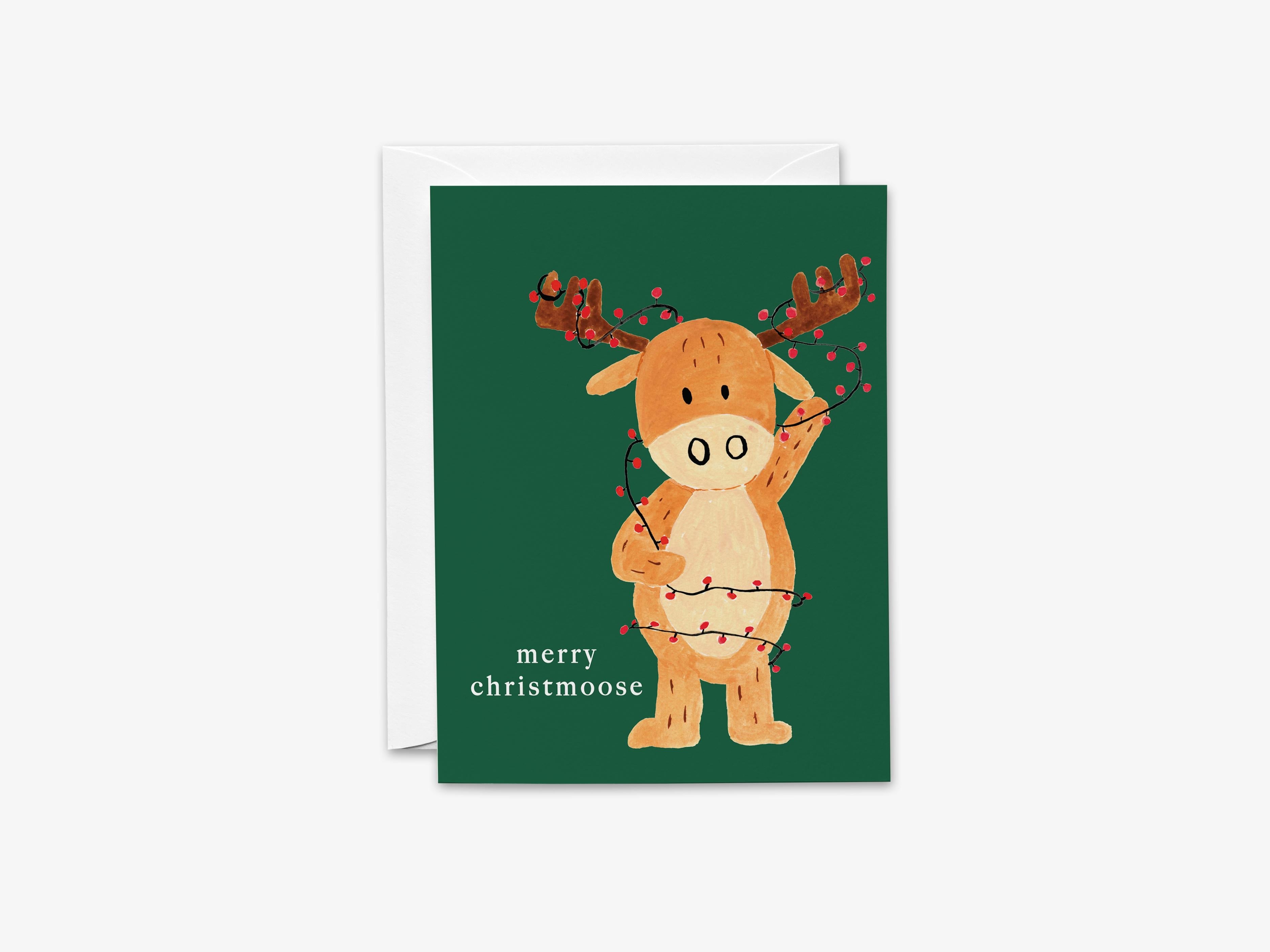 Merry Christmoose Christmas Pun Greeting Card-These folded greeting cards are 4.25x5.5 and feature our hand-painted moose and Christmas lights, printed in the USA on 100lb textured stock. They come with a White envelope and make a great Christmas card for the animal and pun lover in your life.-The Singing Little Bird