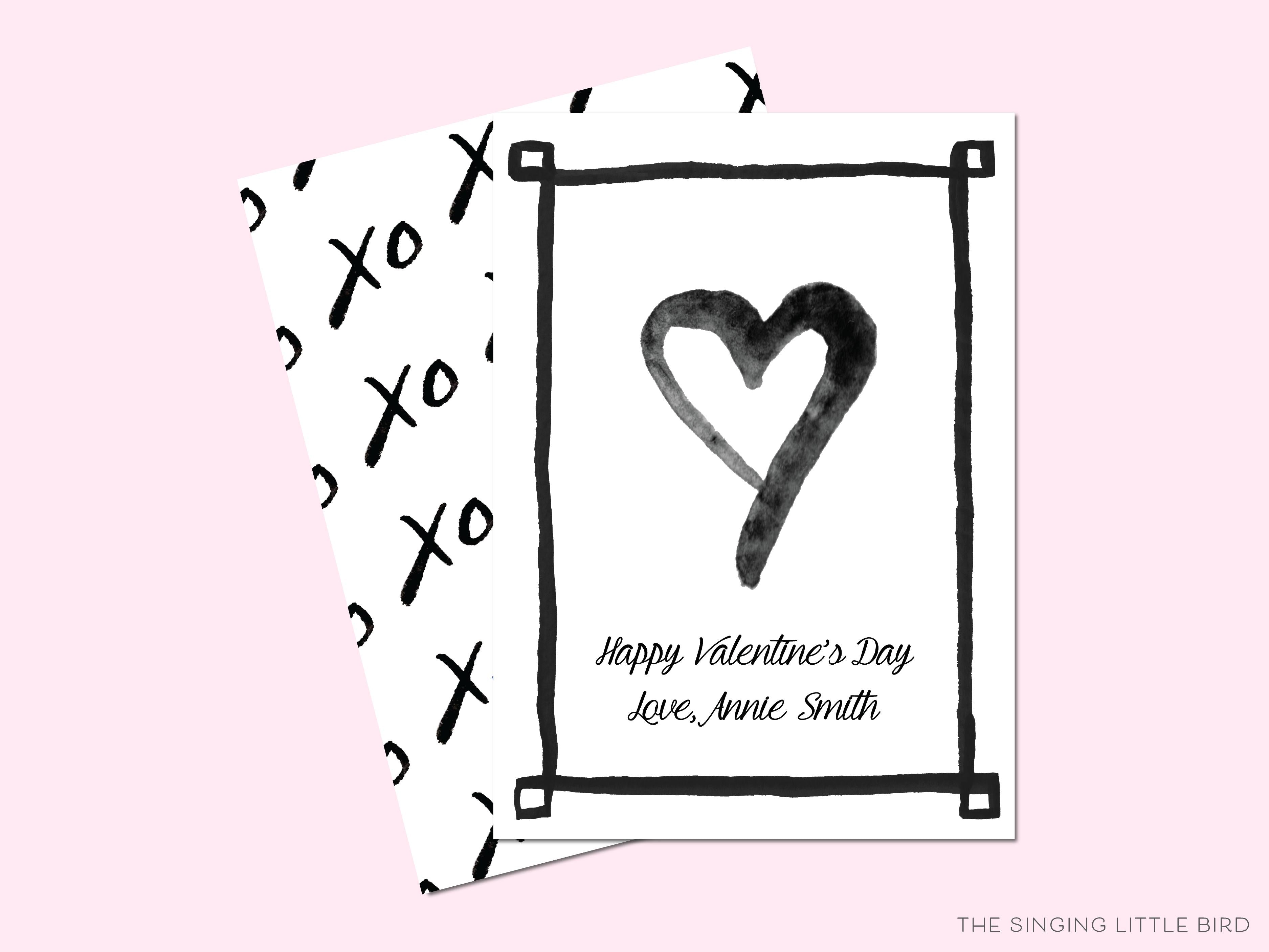 Minimalist Black and White Valentine's Day Cards-These personalized flat notecards are 3.5" x 4.875 and feature our hand-painted watercolor heart, printed in the USA on 120lb textured stock. They come with white envelopes and make great Valentine's Day cards for kids and black and white chic lovers in your life.-The Singing Little Bird