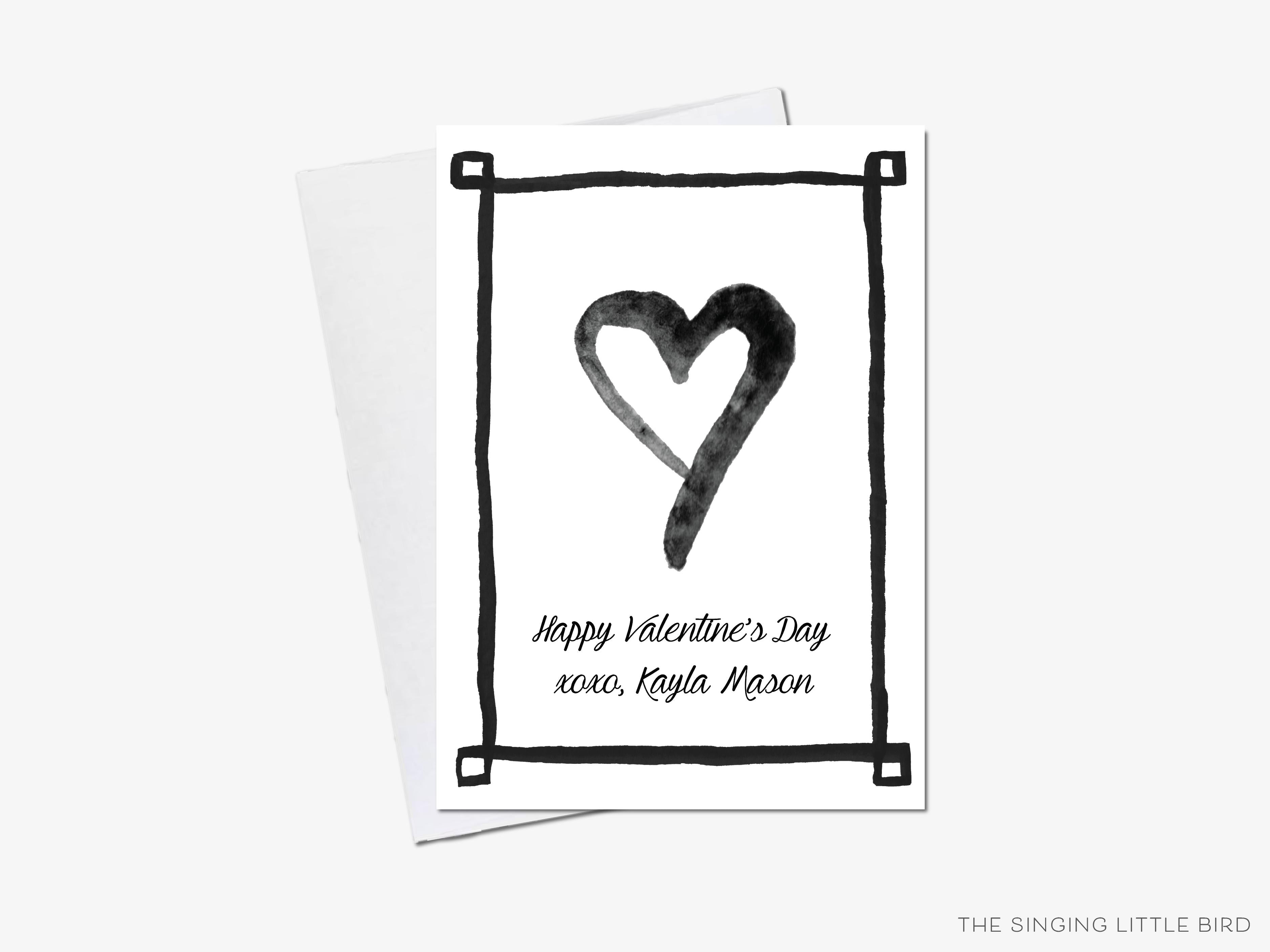 Minimalist Black and White Valentine's Day Cards-These personalized flat notecards are 3.5" x 4.875 and feature our hand-painted watercolor heart, printed in the USA on 120lb textured stock. They come with white envelopes and make great Valentine's Day cards for kids and black and white chic lovers in your life.-The Singing Little Bird