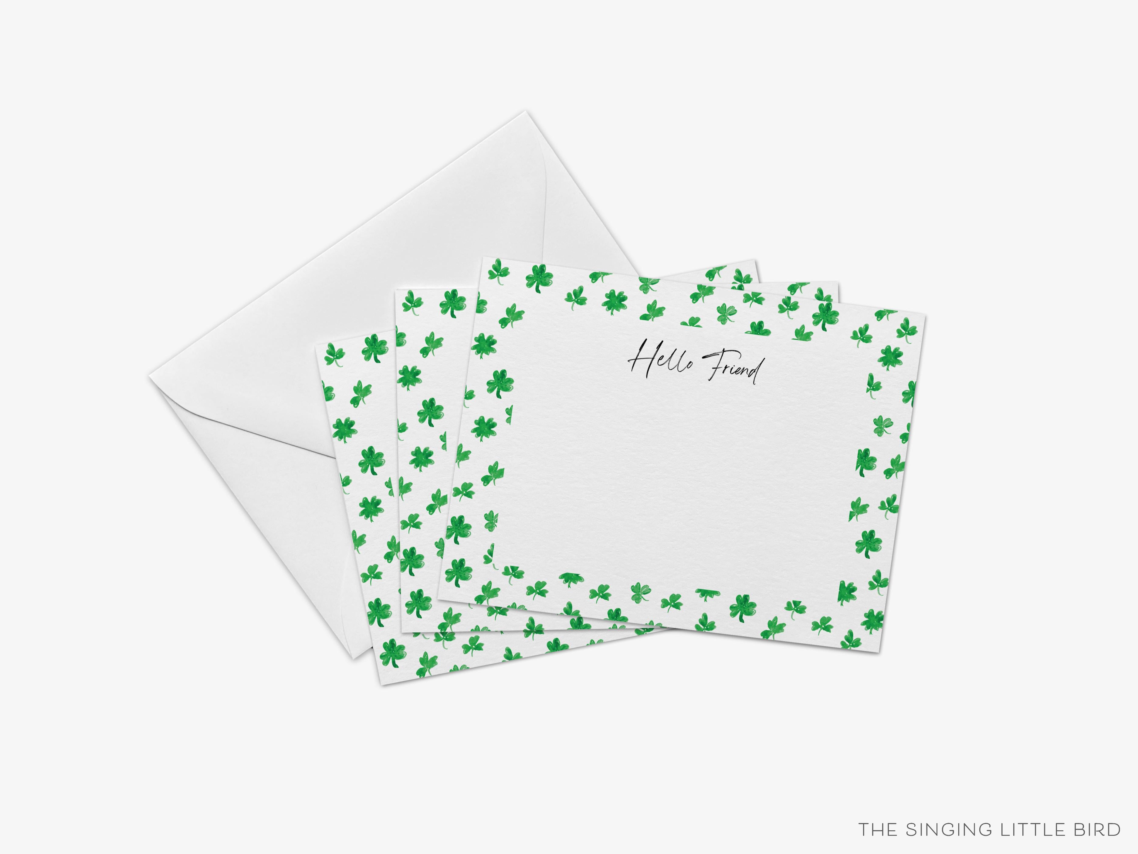 Multi-Shamrock Flat Notes [Sets of 8]-These flat notecards are 4.25x5.5 and feature our hand-painted watercolor three and four leaf clovers, printed in the USA on 120lb textured stock. They come with white envelopes and make great thank yous and gifts for the shamrock lover in your life.-The Singing Little Bird