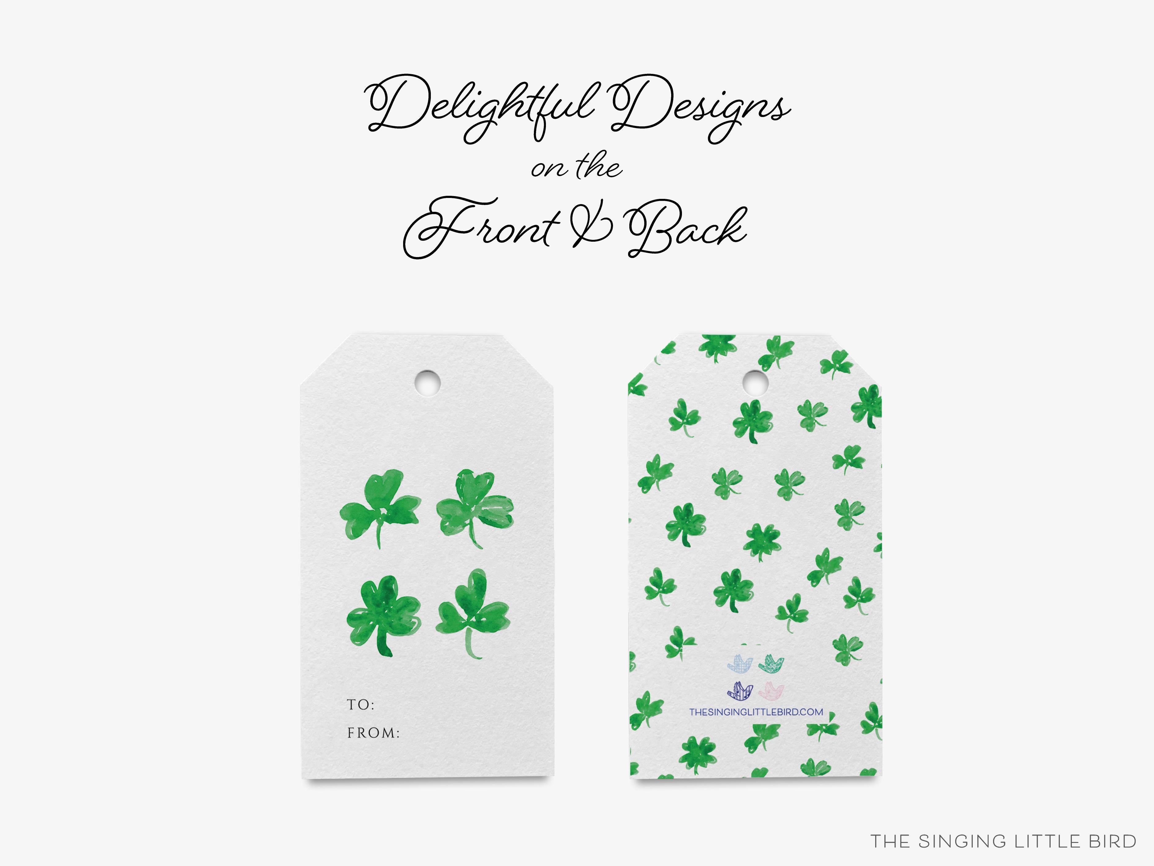 Multi Shamrock Gift Tags [Set of 8]-These gift tags come in sets, hole-punched with white twine and feature our hand-painted watercolor three leaf clovers, printed in the USA on 120lb textured stock. They make great tags for gifting or gifts for the shamrock lover in your life.-The Singing Little Bird