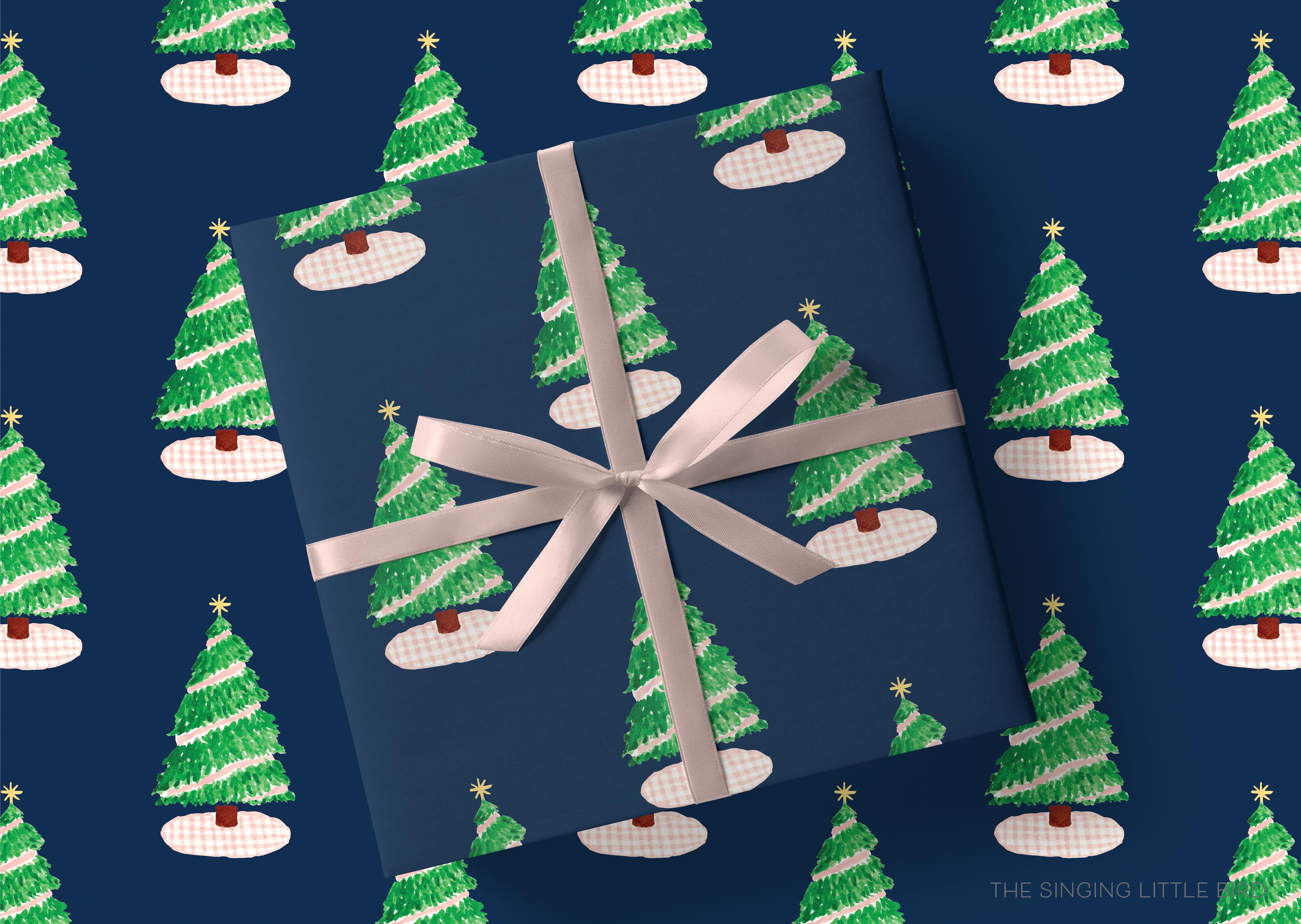 Navy Pink Gingham Christmas Tree Gift Wrap-This matte finish gift wrap features our hand-painted topiaries in ginger jars. It makes a perfect wrapping paper for a holiday present. -The Singing Little Bird