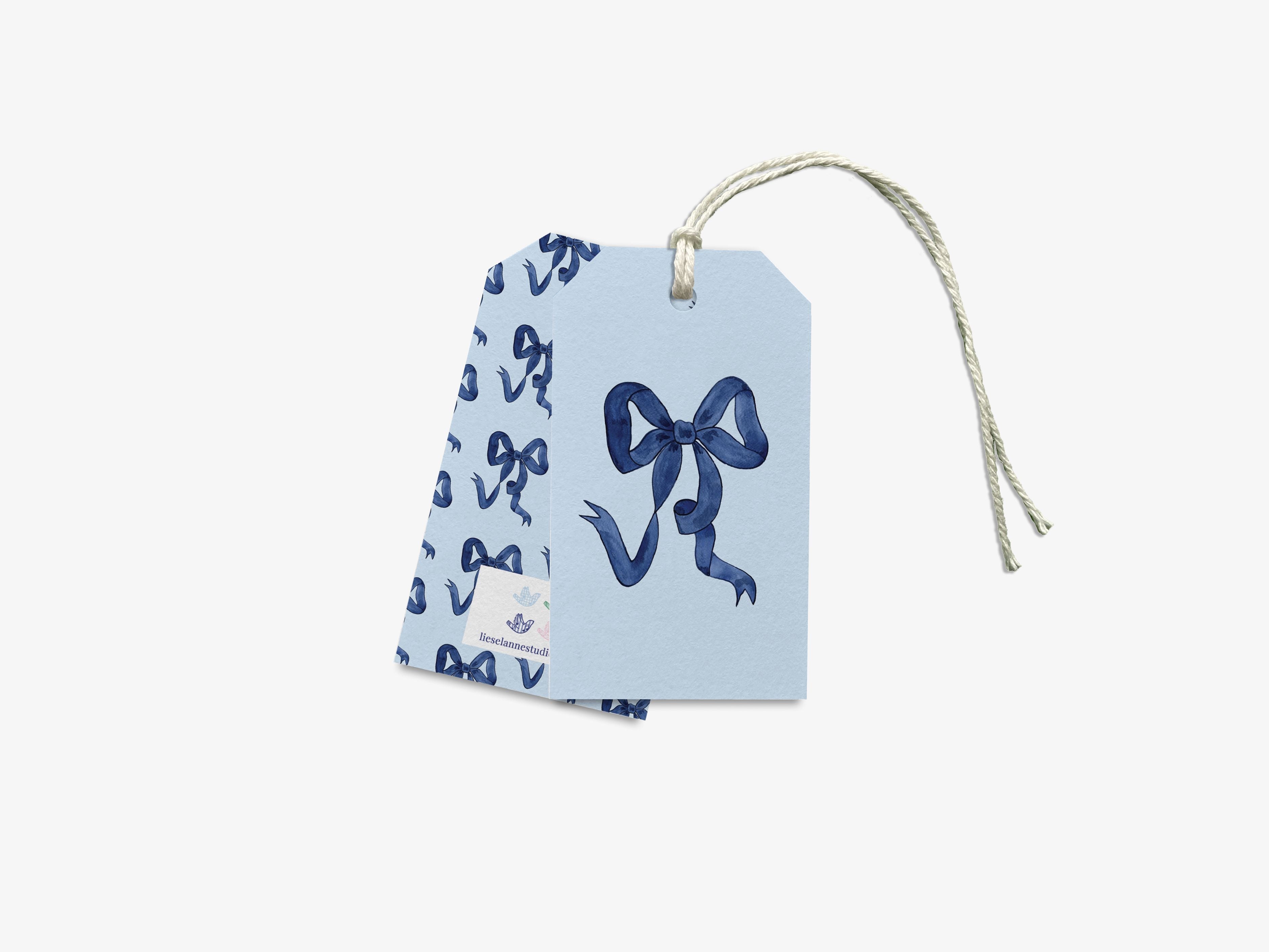 Navy and Light Blue Bow Gift Tags [Set of 8]-These gift tags come in sets, hole-punched with white twine and feature our hand-painted watercolor navy blue bow, printed in the USA on 120lb textured stock. They make great tags for gifting or gifts for the ribbon lover in your life.-The Singing Little Bird