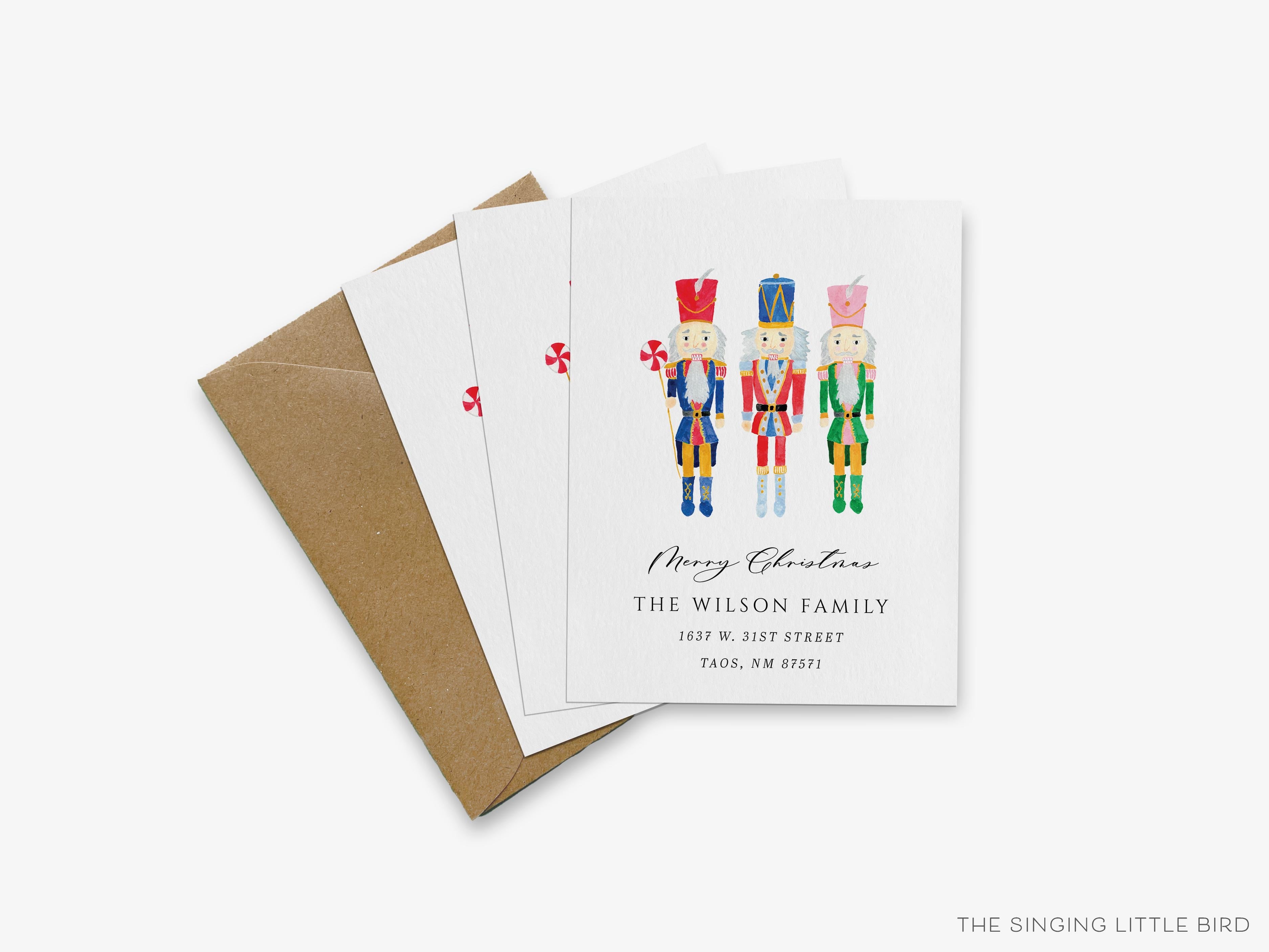 Nutcracker Christmas Moving Announcement-These personalized flat change of address cards are 4.25x5.5 and feature our hand-painted watercolor Nutcrackers, printed in the USA on 120lb textured stock. They come with your choice of envelopes and make great moving announcements for the Christmas lover.-The Singing Little Bird