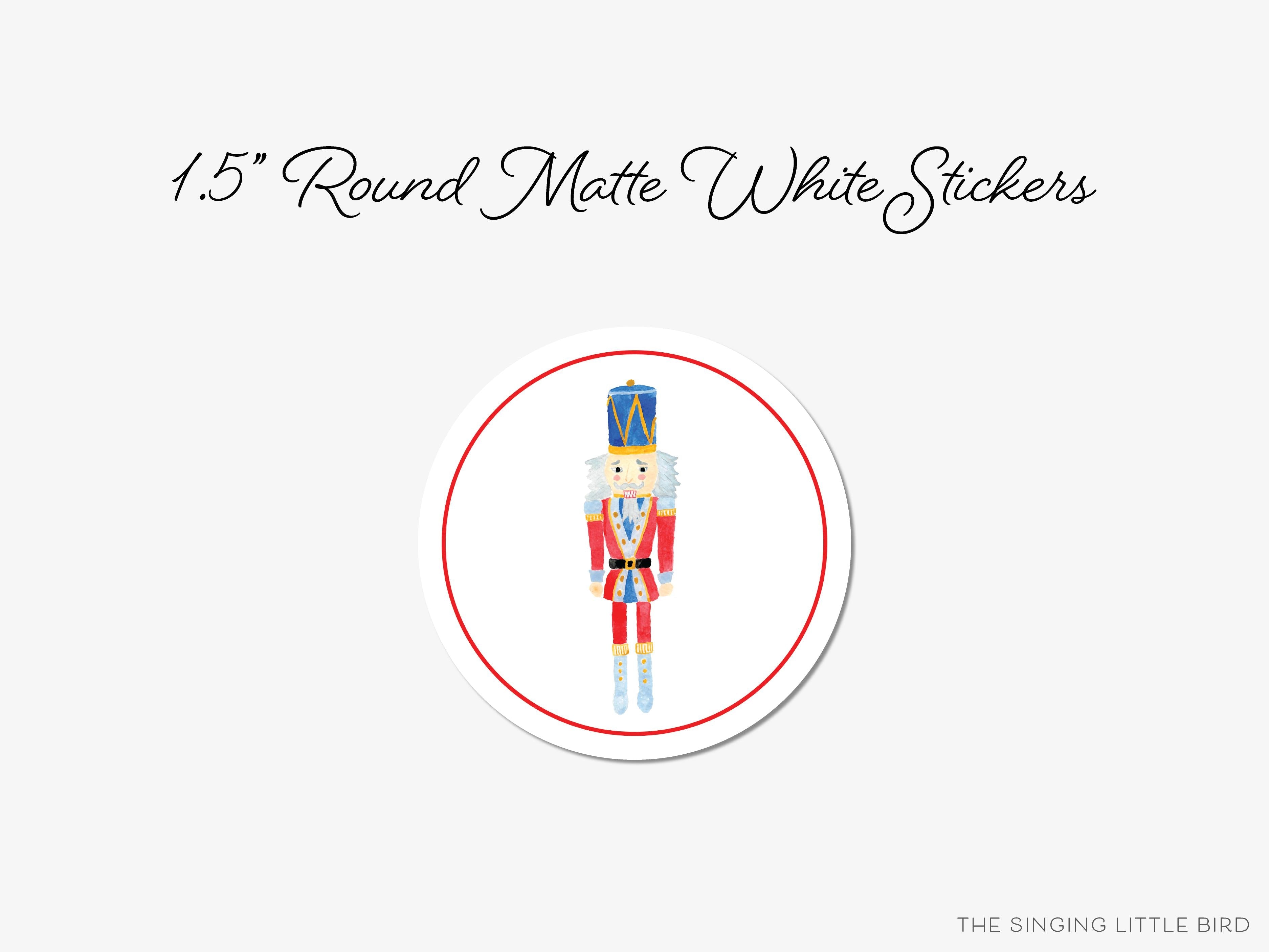 Nutcracker Round Stickers-These matte round stickers feature our hand-painted watercolor Nutcracker, making great envelope seals or gifts for the holiday lover in your life.-The Singing Little Bird