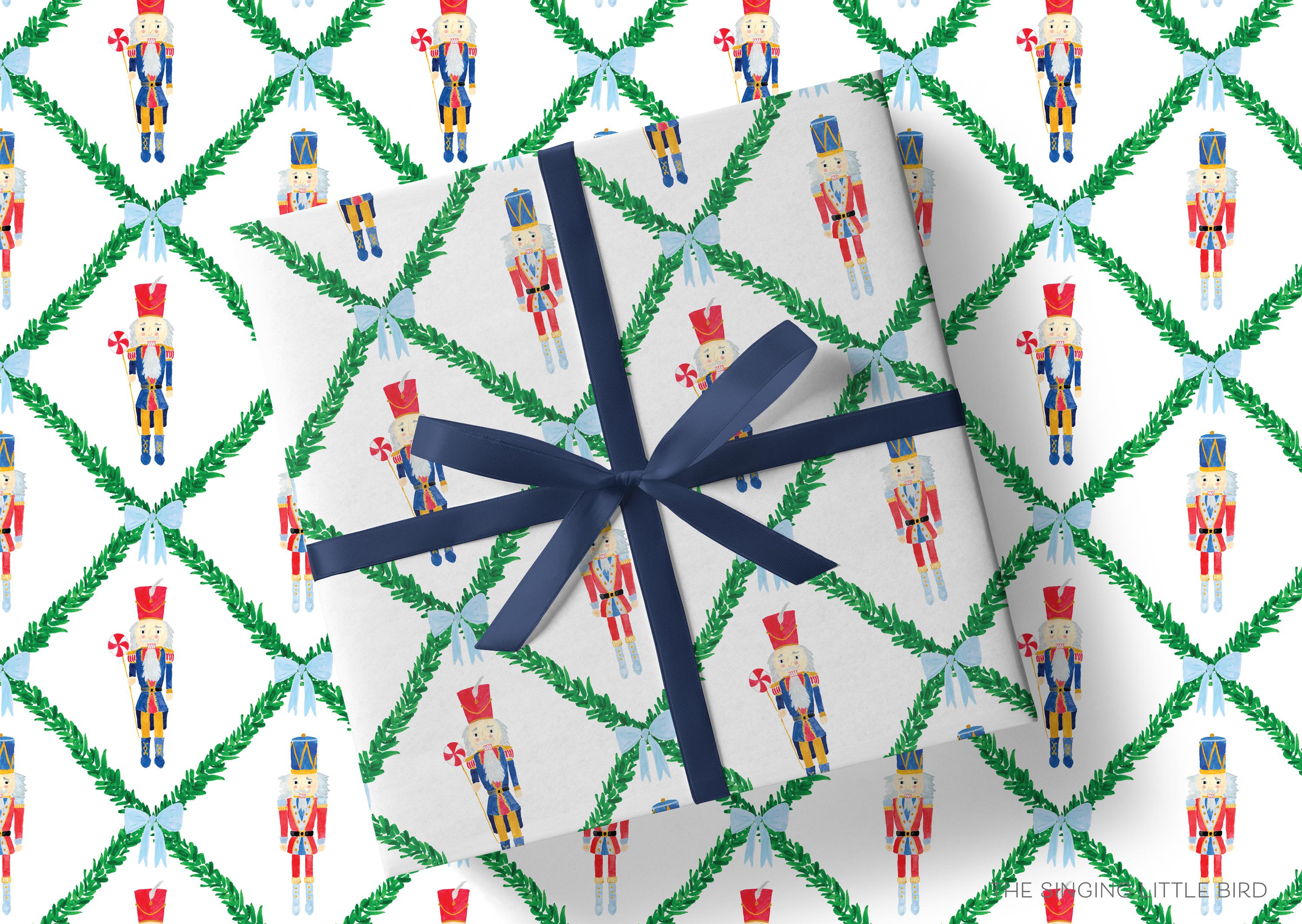 Nutcracker Trellis Christmas Gift Wrap-This matte finish gift wrap features our hand-painted watercolor nutcrackers. It makes a perfect wrapping paper for a holiday present. -The Singing Little Bird
