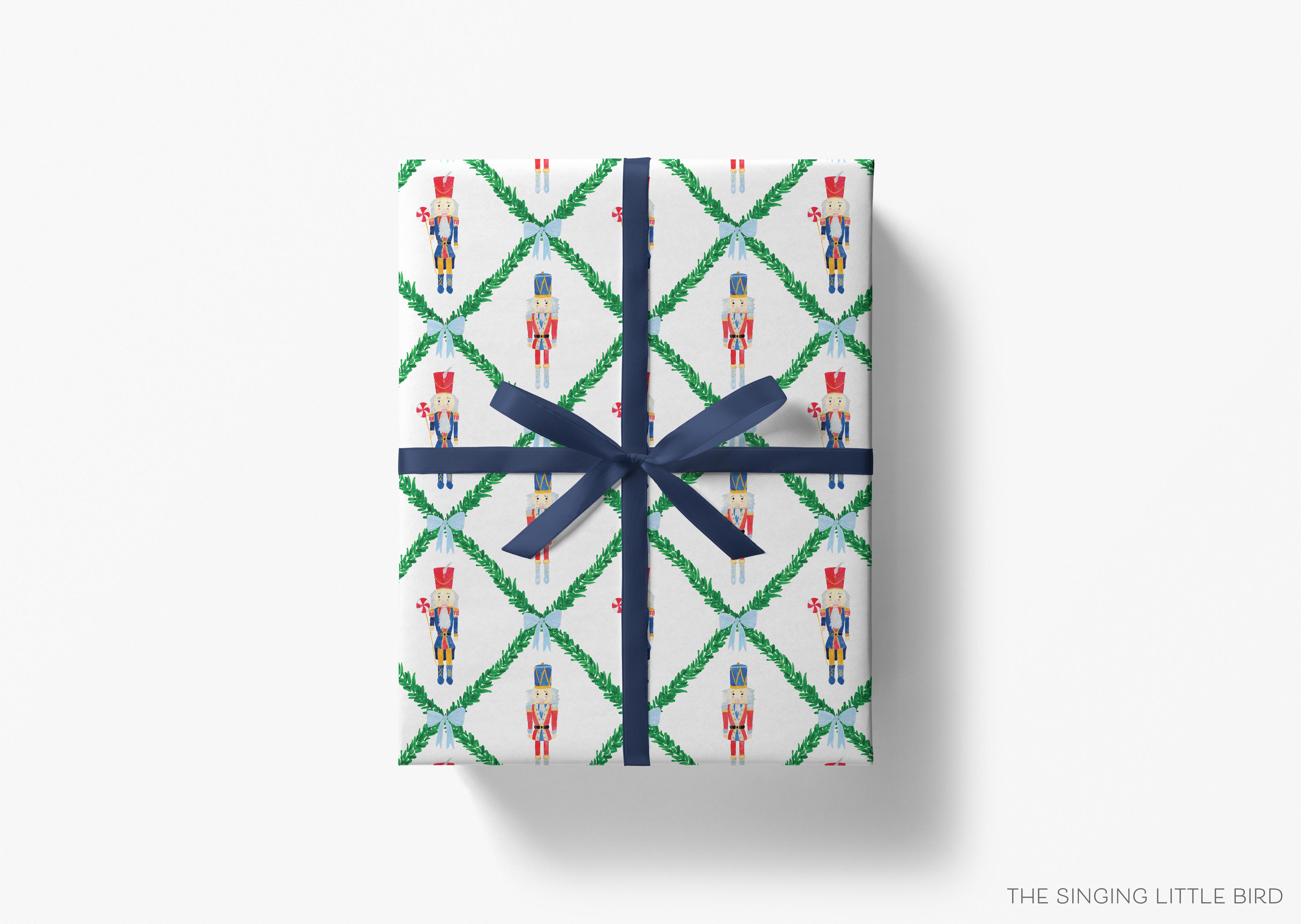 Nutcracker Trellis Christmas Gift Wrap-This matte finish gift wrap features our hand-painted watercolor nutcrackers. It makes a perfect wrapping paper for a holiday present. -The Singing Little Bird