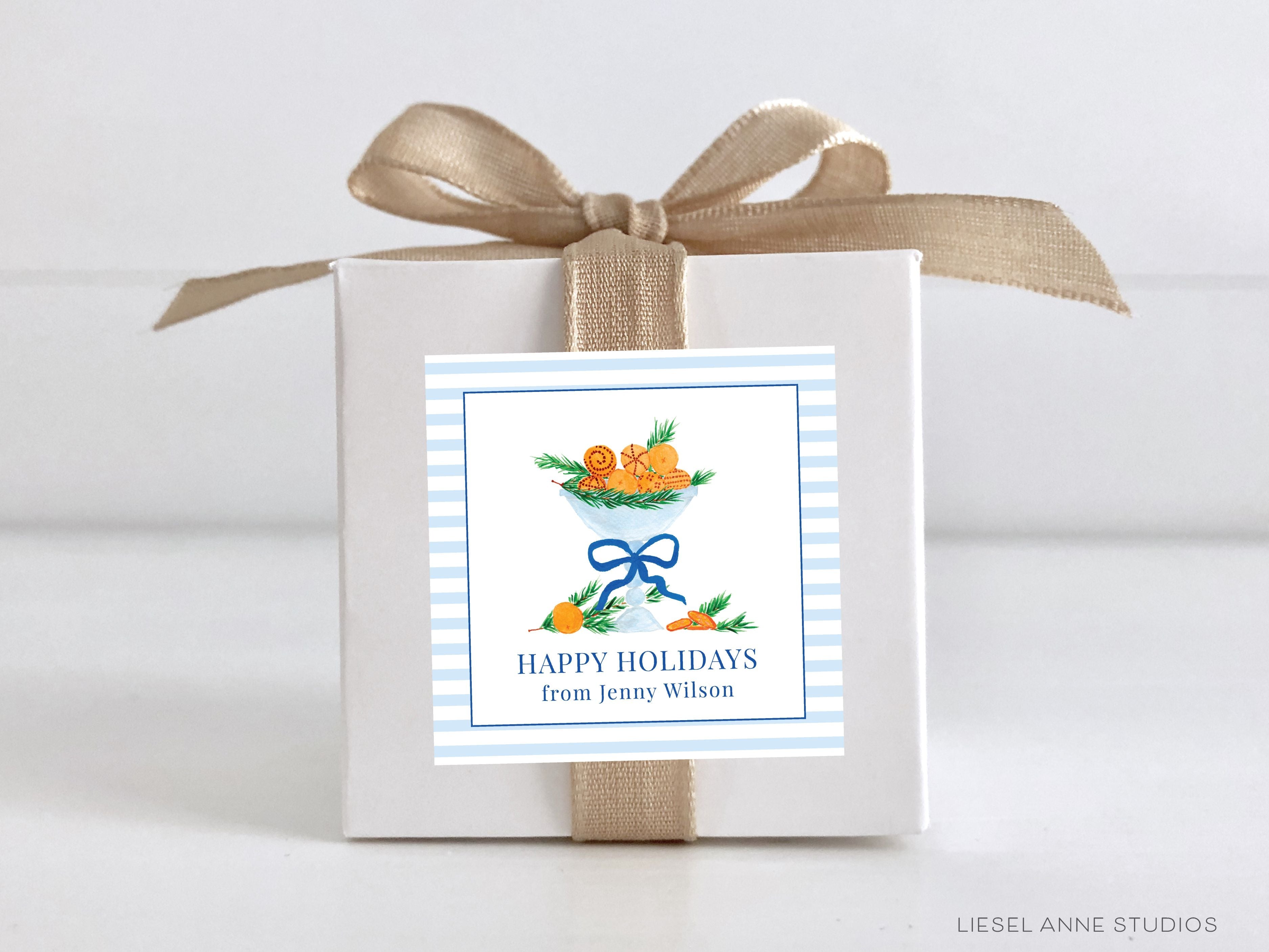 Orange Clove Holiday Bowl Personalized Gift Stickers-These personalized gift stickers come in sets of 24 and feature our hand-painted watercolor holiday pomanders, and a holiday greeting. They make gifting easy for the holidays and elevate the look of your gifts!-The Singing Little Bird