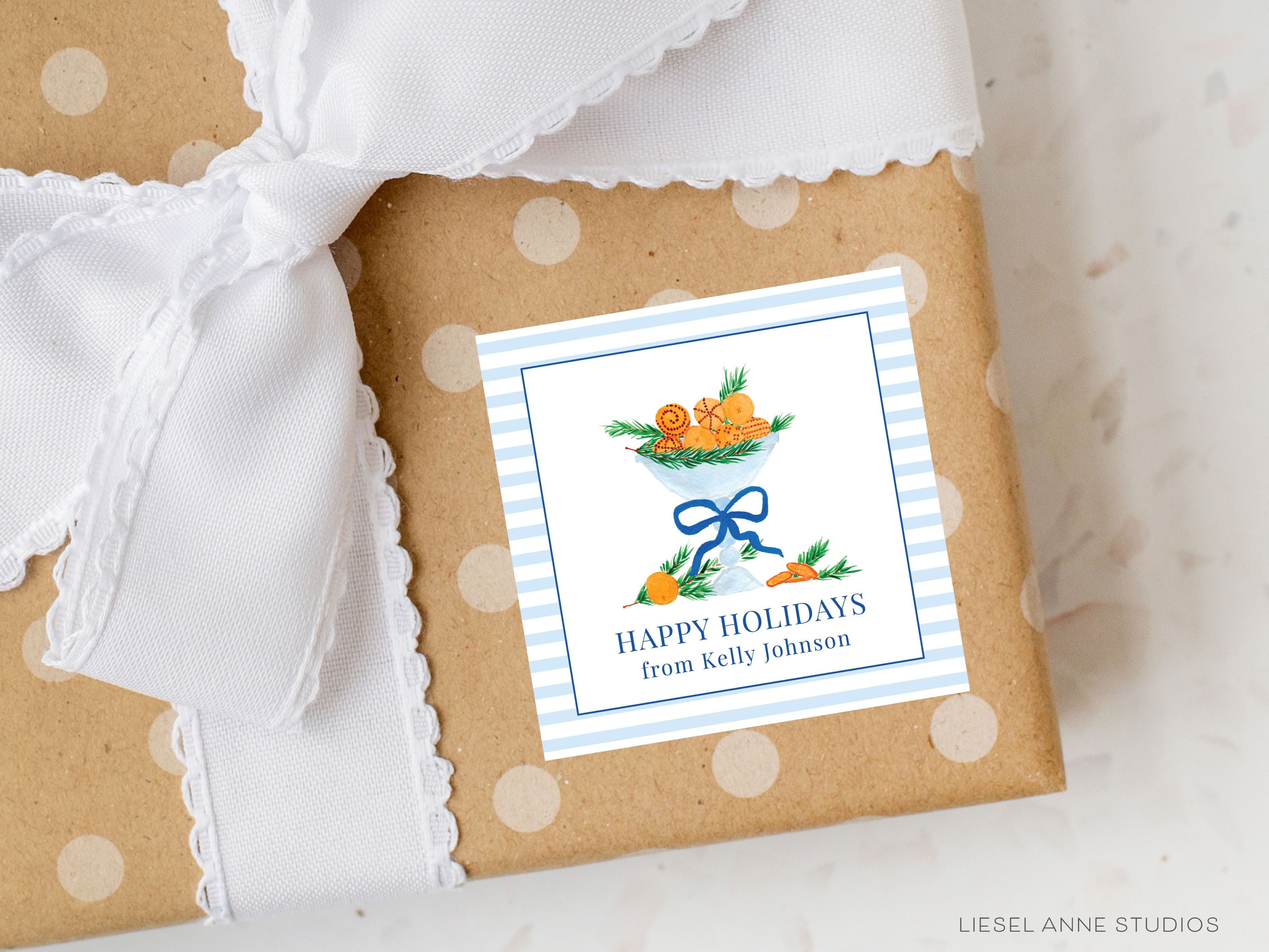 Orange Clove Holiday Bowl Personalized Gift Stickers-These personalized gift stickers come in sets of 24 and feature our hand-painted watercolor holiday pomanders, and a holiday greeting. They make gifting easy for the holidays and elevate the look of your gifts!-The Singing Little Bird