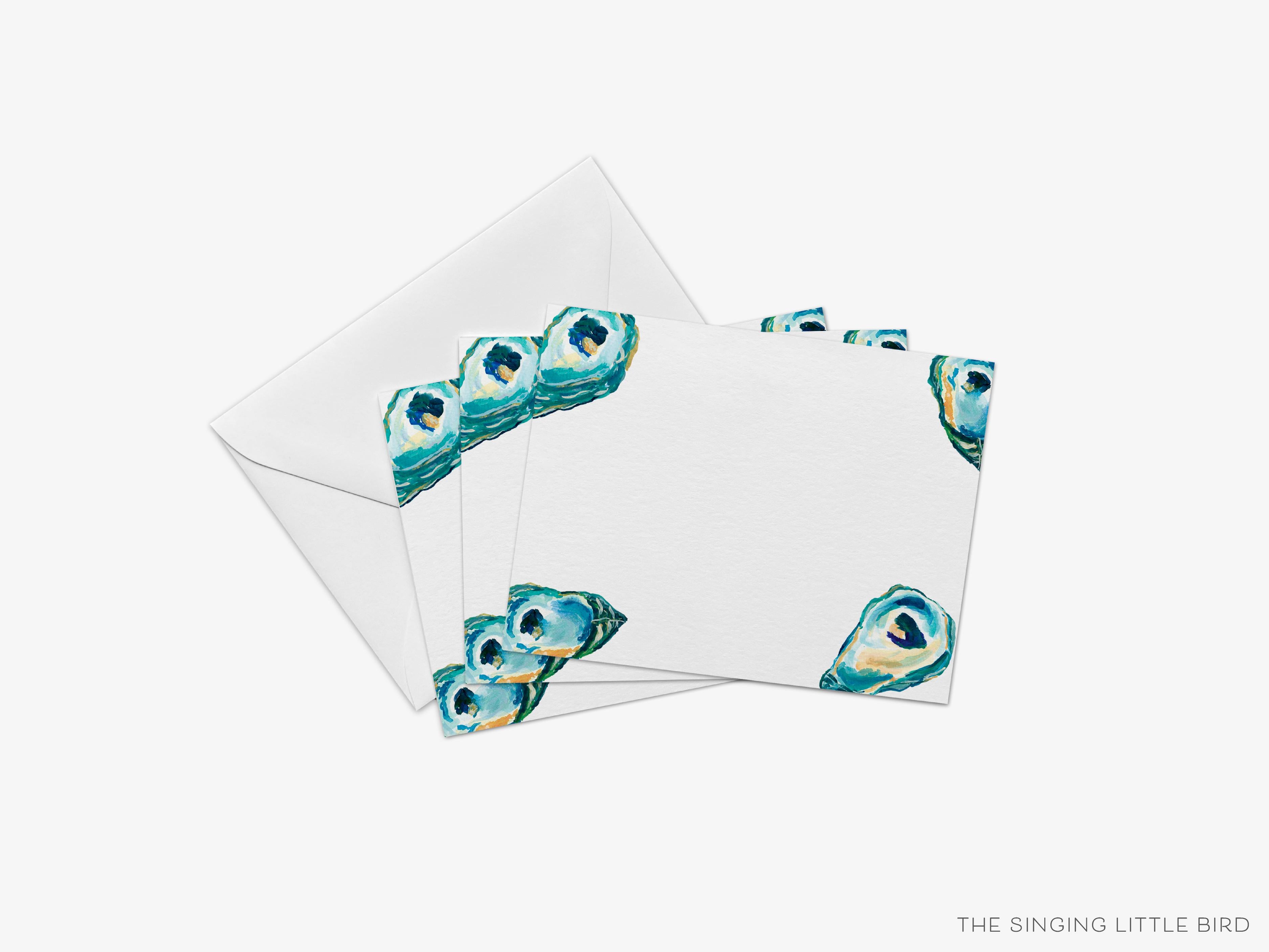 Oyster Flat Notes [Sets of 8]-These flat notecards are 4.25x5.5 and feature our hand-painted watercolor oysters, printed in the USA on 120lb textured stock. They come with white envelopes and make great thank yous and gifts for the beach lover in your life.-The Singing Little Bird