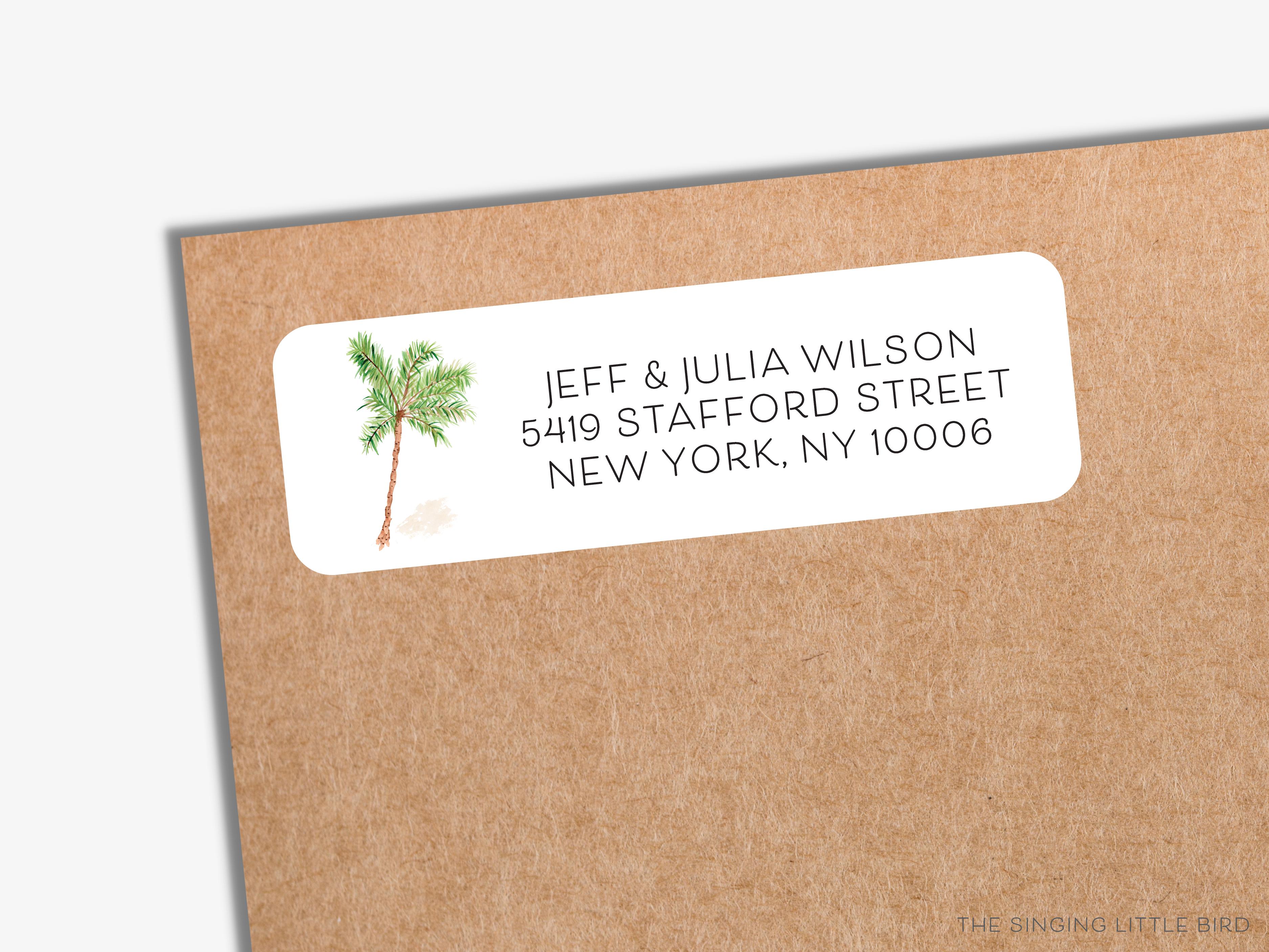 Palm Tree Return Address Labels-These personalized return address labels are 2.625" x 1" and feature our hand-painted watercolor Palm Tree, printed in the USA on beautiful matte finish labels. These make gifts for yourself or the tropical tree lover. -The Singing Little Bird