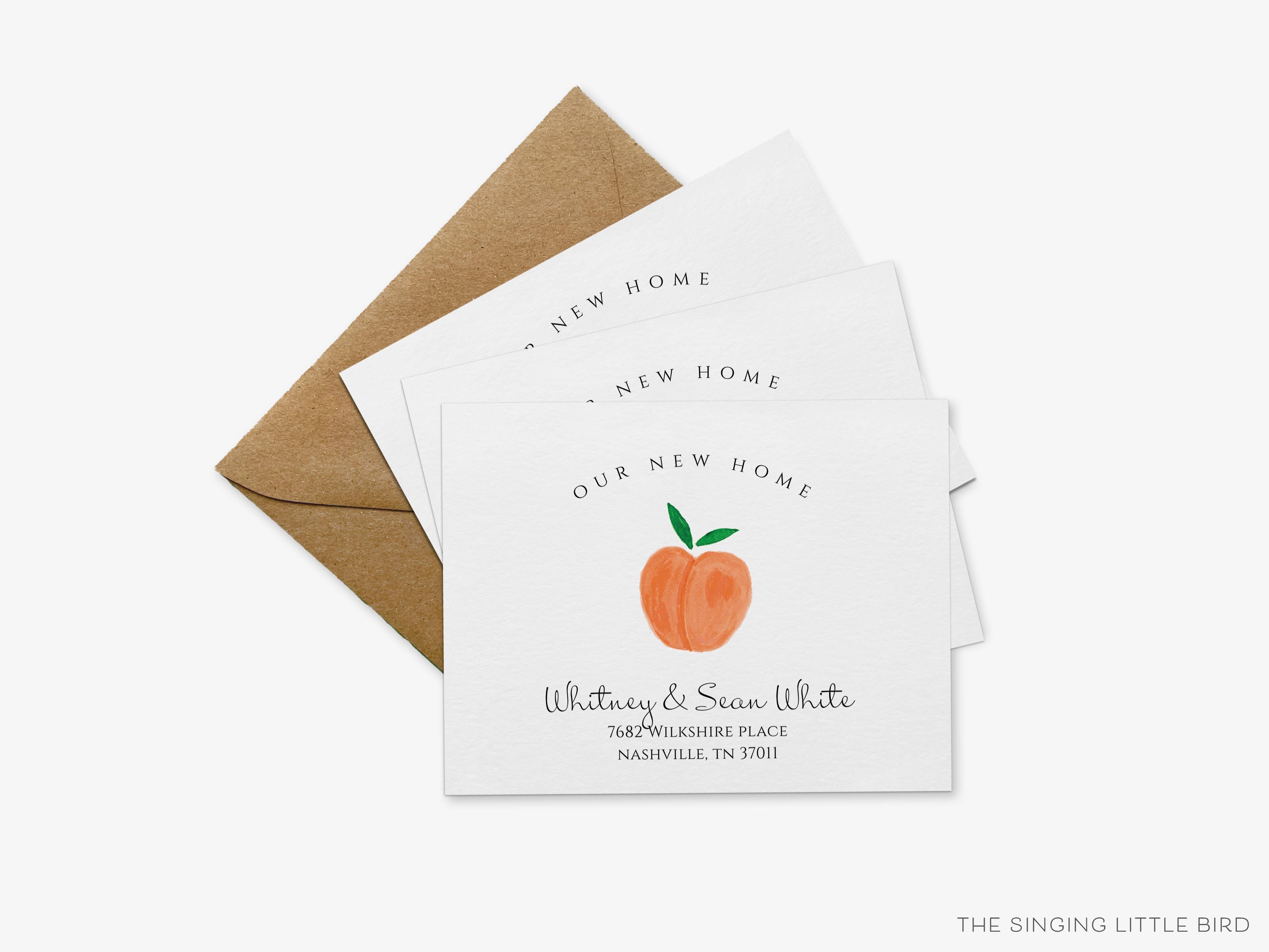 Peach Moving Announcement-These personalized flat change of address cards are 4.25x5.5 and feature our hand-painted watercolor Peach, printed in the USA on 120lb textured stock. They come with your choice of envelopes and make great moving announcements for the fruit lover.-The Singing Little Bird