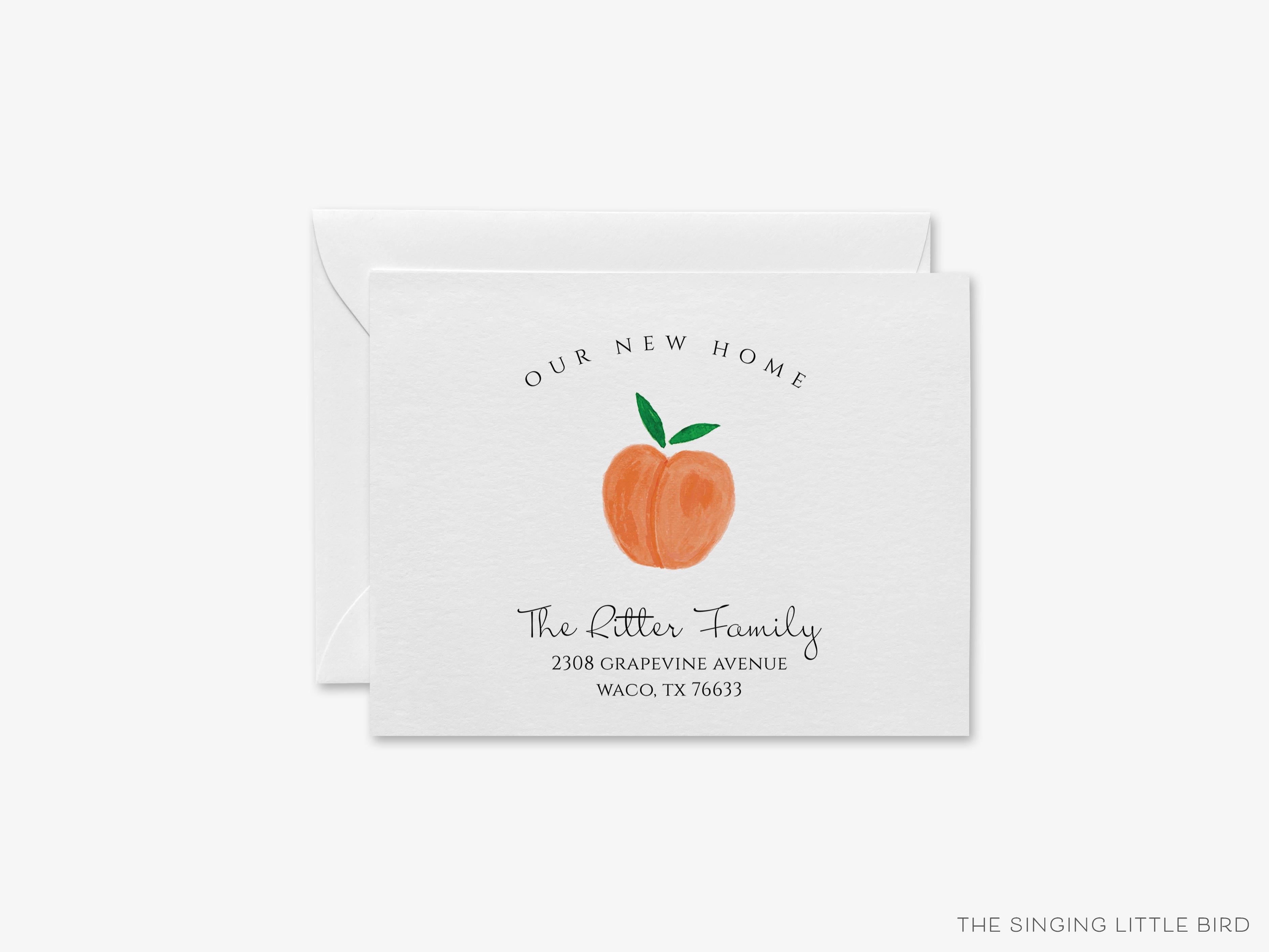 Peach Moving Announcement-These personalized flat change of address cards are 4.25x5.5 and feature our hand-painted watercolor Peach, printed in the USA on 120lb textured stock. They come with your choice of envelopes and make great moving announcements for the fruit lover.-The Singing Little Bird