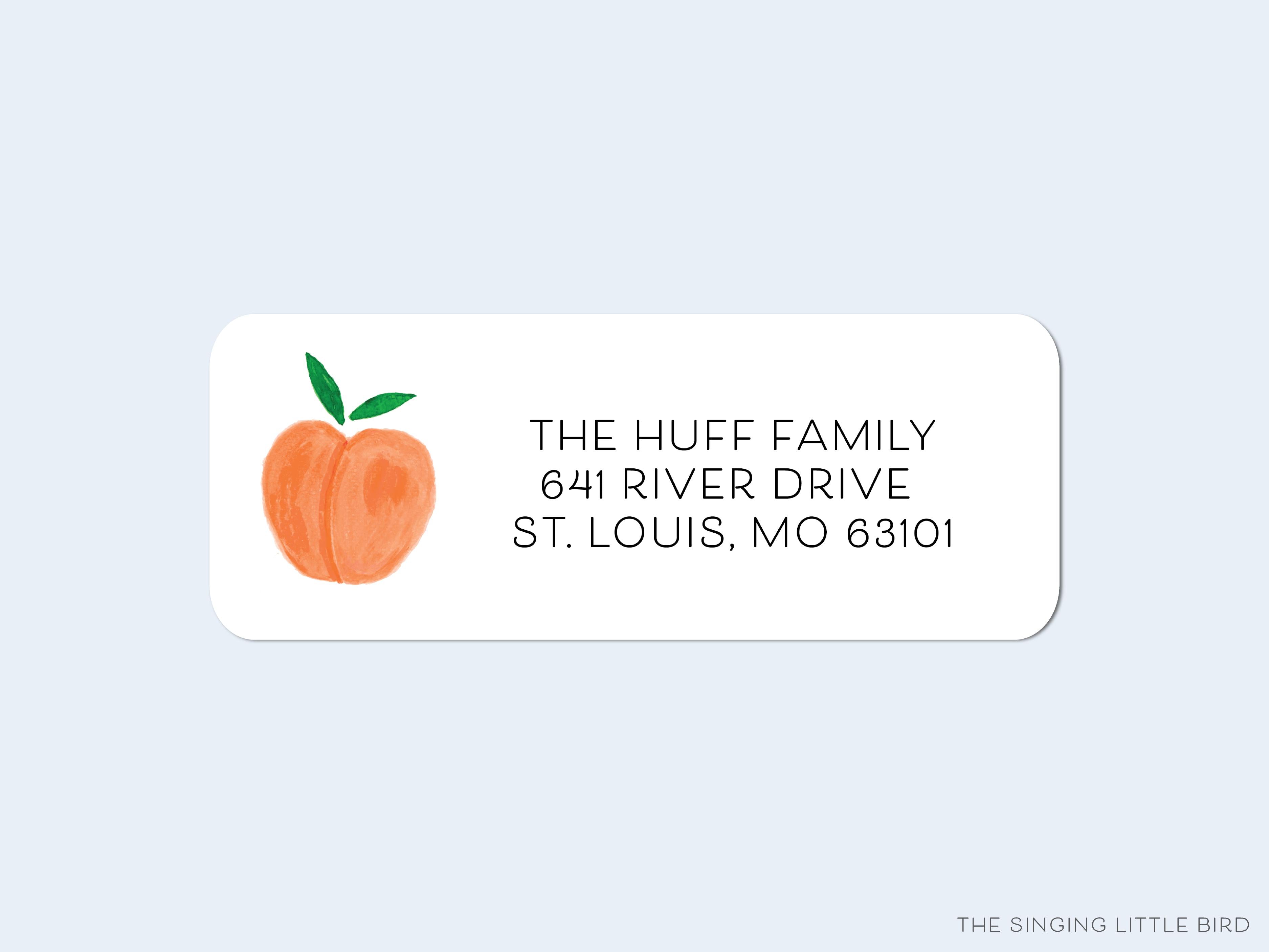 Peach Return Address Labels-These personalized return address labels are 2.625" x 1" and feature our hand-painted watercolor Peach, printed in the USA on beautiful matte finish labels. These make great gifts for yourself or the fruit lover.-The Singing Little Bird