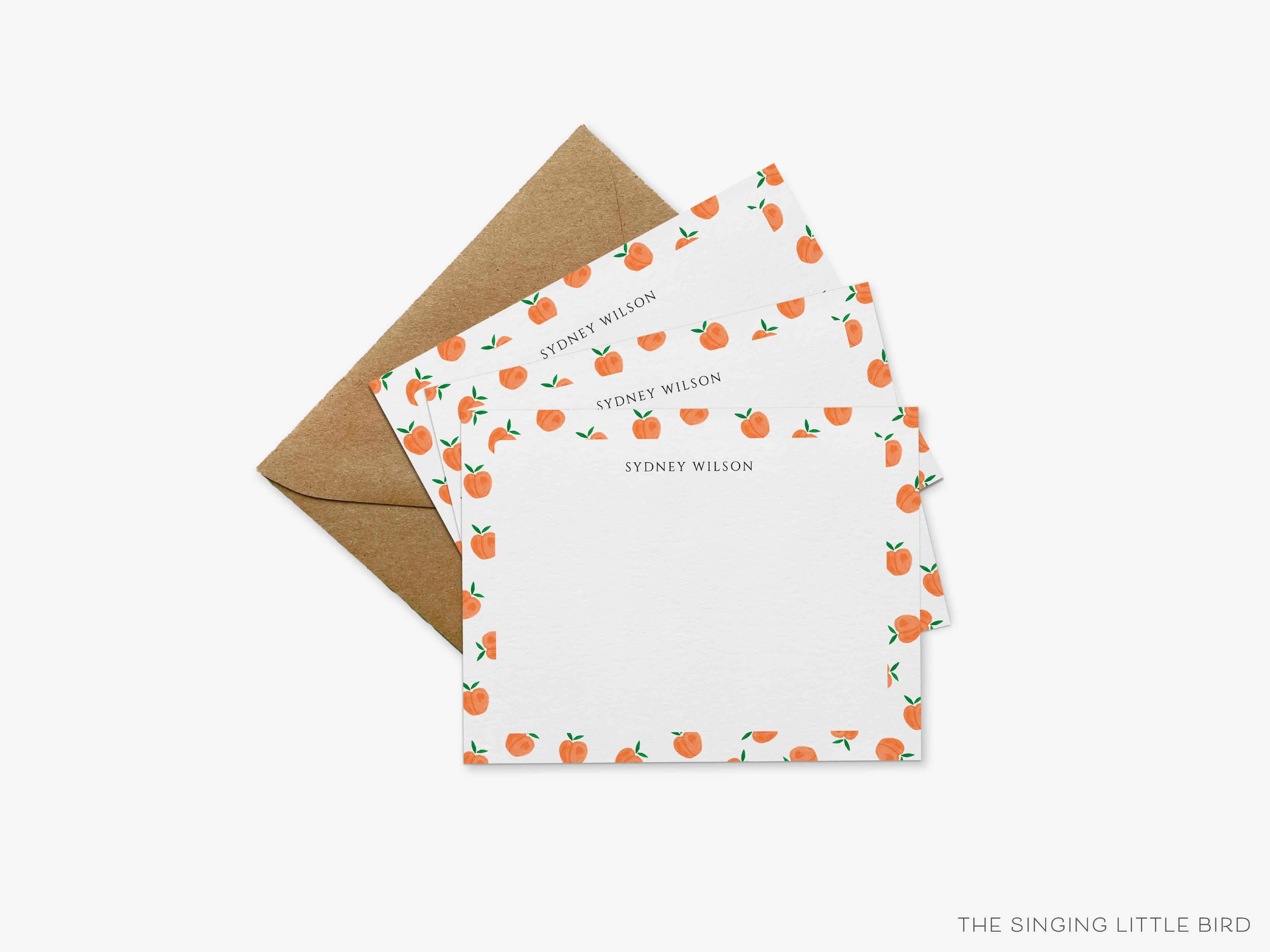 Peaches Flat Notes-These personalized flat notecards are 4.25x5.5 and feature our hand-painted watercolor peaches, printed in the USA on 120lb textured stock. They come with your choice of envelopes and make great thank yous and gifts for the fruit lover in your life.-The Singing Little Bird