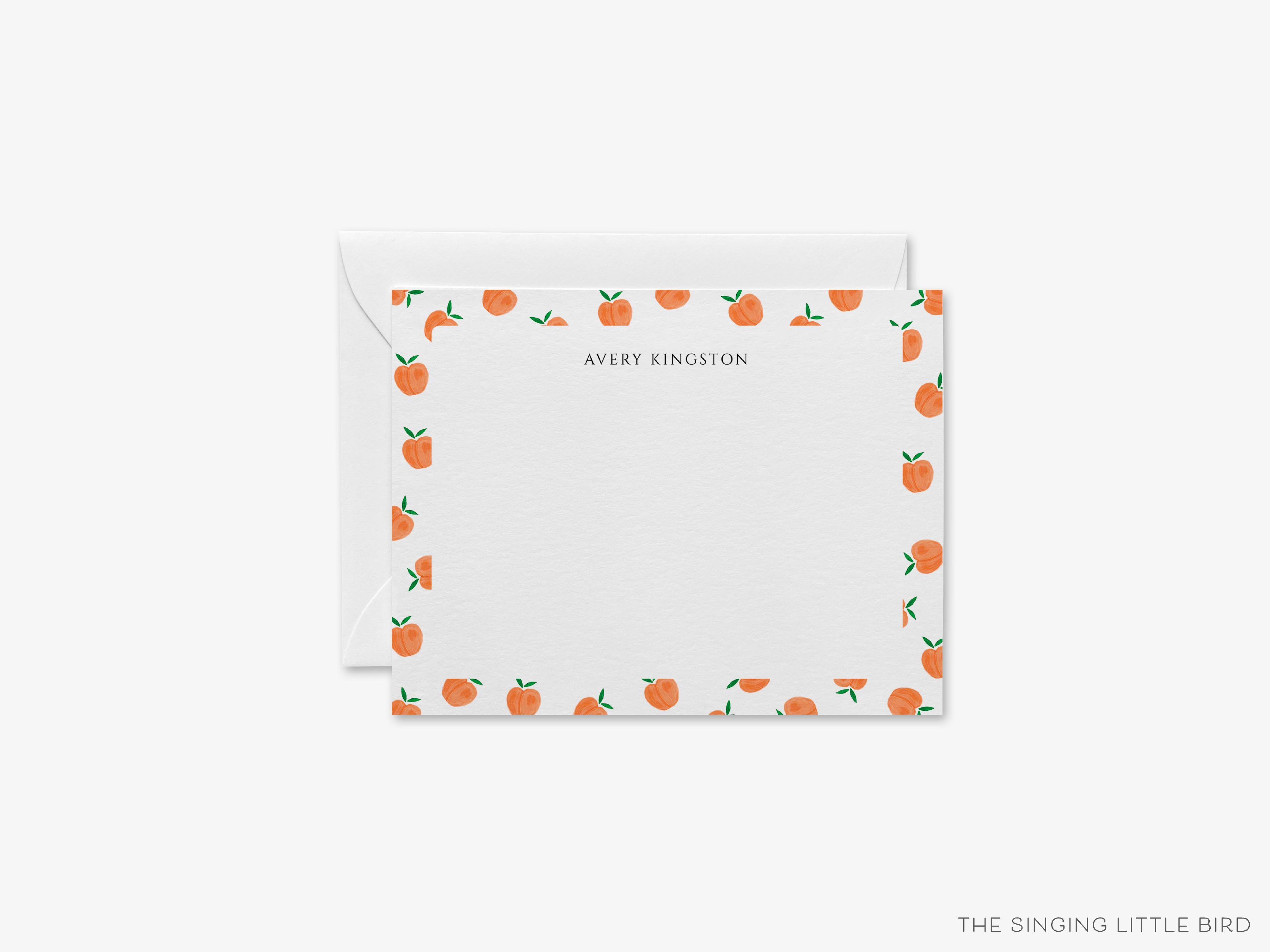 Peaches Flat Notes-These personalized flat notecards are 4.25x5.5 and feature our hand-painted watercolor peaches, printed in the USA on 120lb textured stock. They come with your choice of envelopes and make great thank yous and gifts for the fruit lover in your life.-The Singing Little Bird