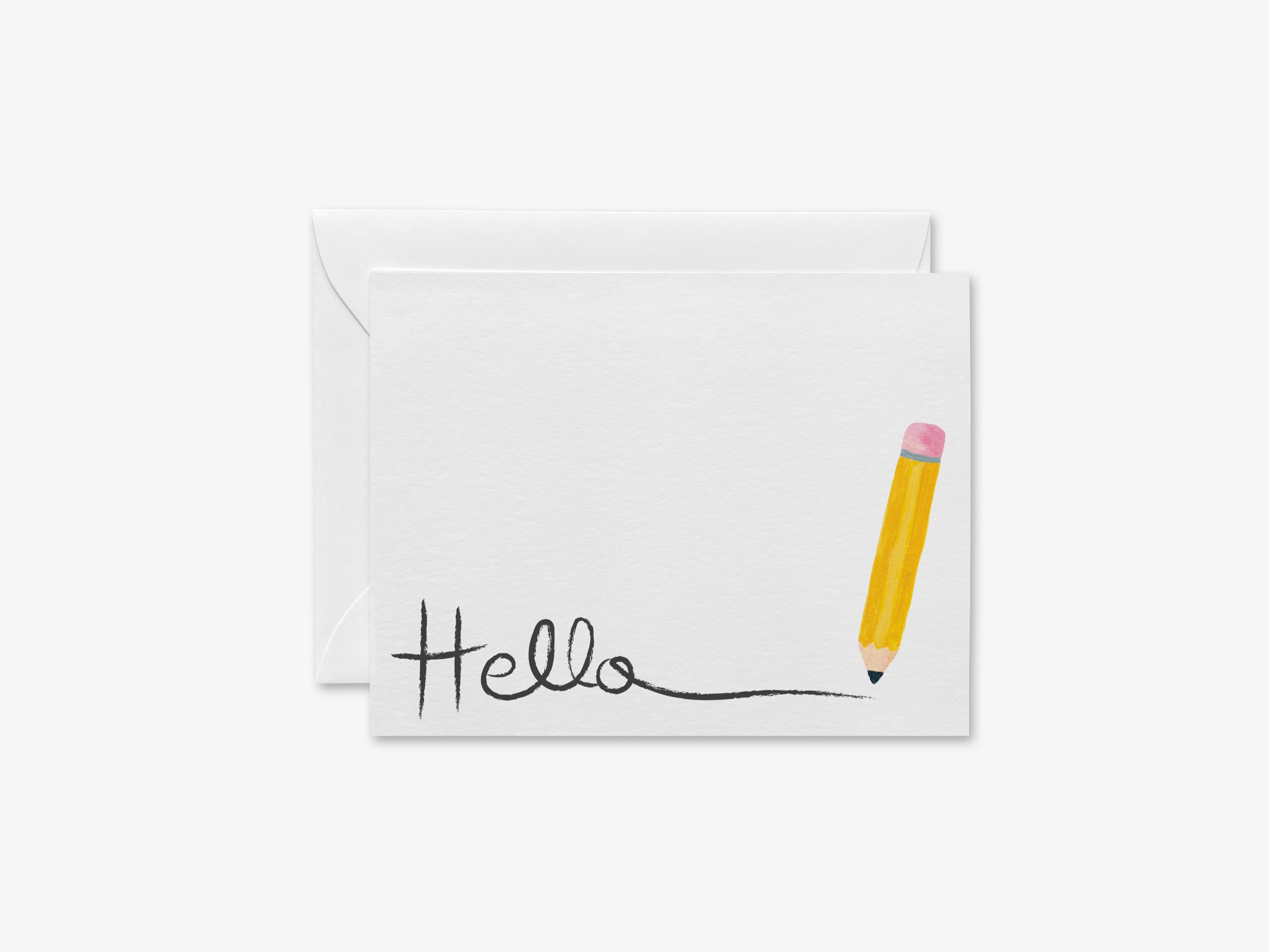 Pencil Teacher Flat Notes [Sets of 8]-These flat notecards are 4.25x5.5 and feature our hand-painted watercolor pencil, printed in the USA on 120lb textured stock. They come with white envelopes and make great thank yous and gifts for the teacher in your life.-The Singing Little Bird