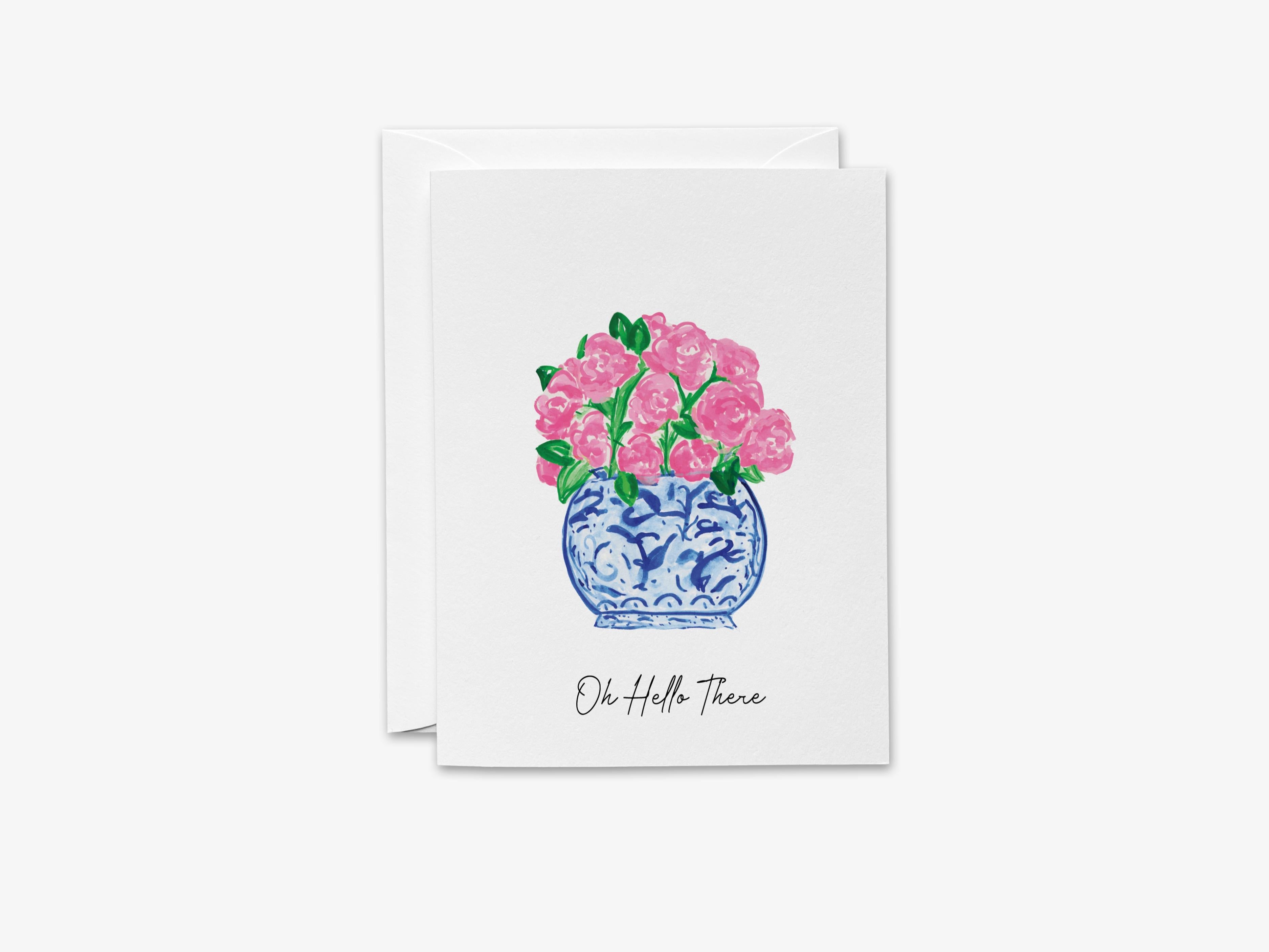 Peonies in Ginger Jar Greeting Card-These folded greeting cards are 4.25x5.5 and feature our hand-painted peonies and a ginger jar, printed in the USA on 100lb textured stock. They come with a White envelope and make a great thinking of you card for the chinoiserie lover in your life.-The Singing Little Bird