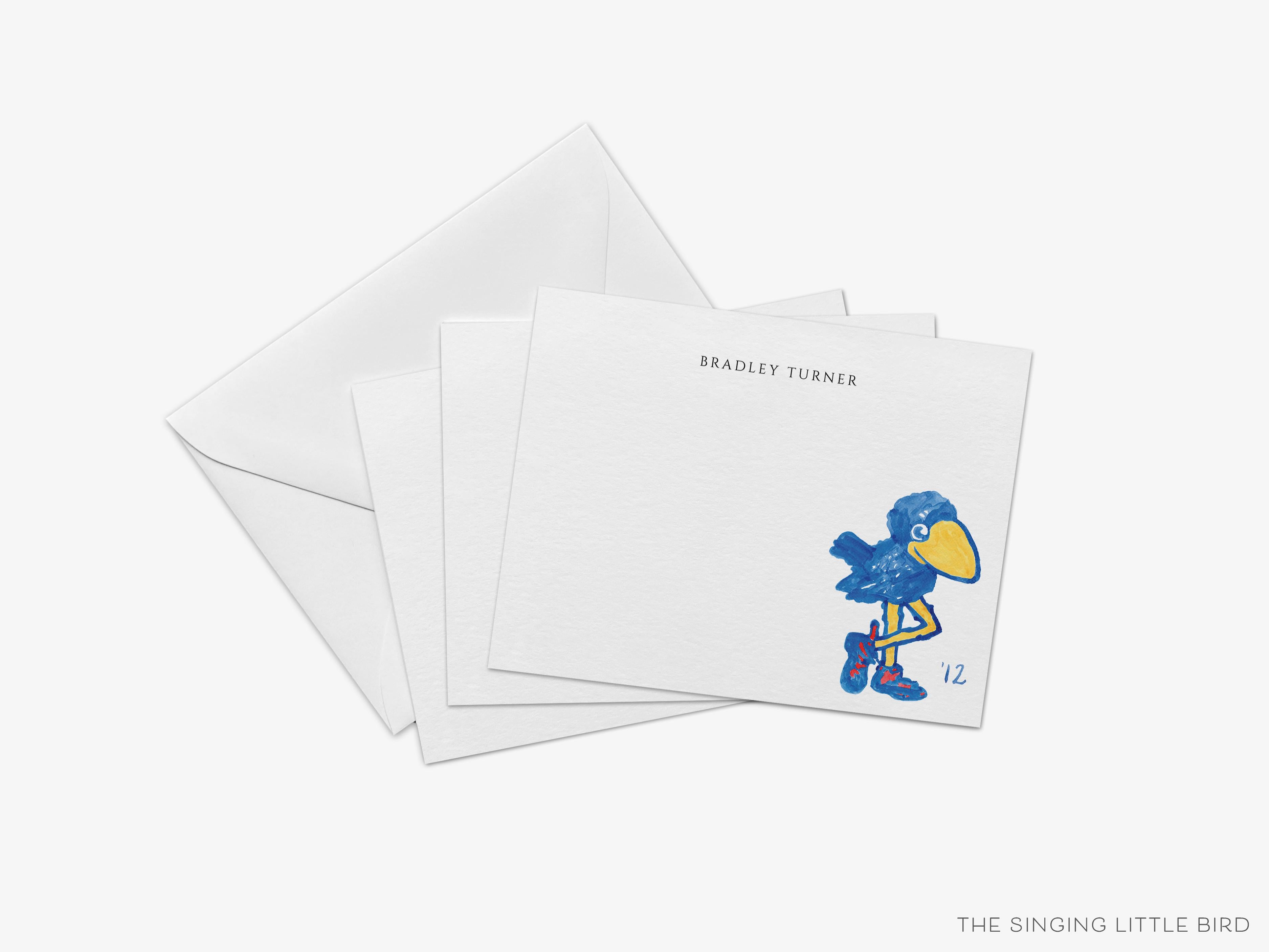 Personalized 1912 Jayhawk Flat Notes [Officially Licensed]-These personalized flat notecards are 4.25x5.5 and feature our hand-painted watercolor 1912 Kansas Jayhawk, printed in the USA on 120lb textured stock. They come with your choice of envelopes and make great thank yous and gifts for the University of Kansas lover in your life.-The Singing Little Bird