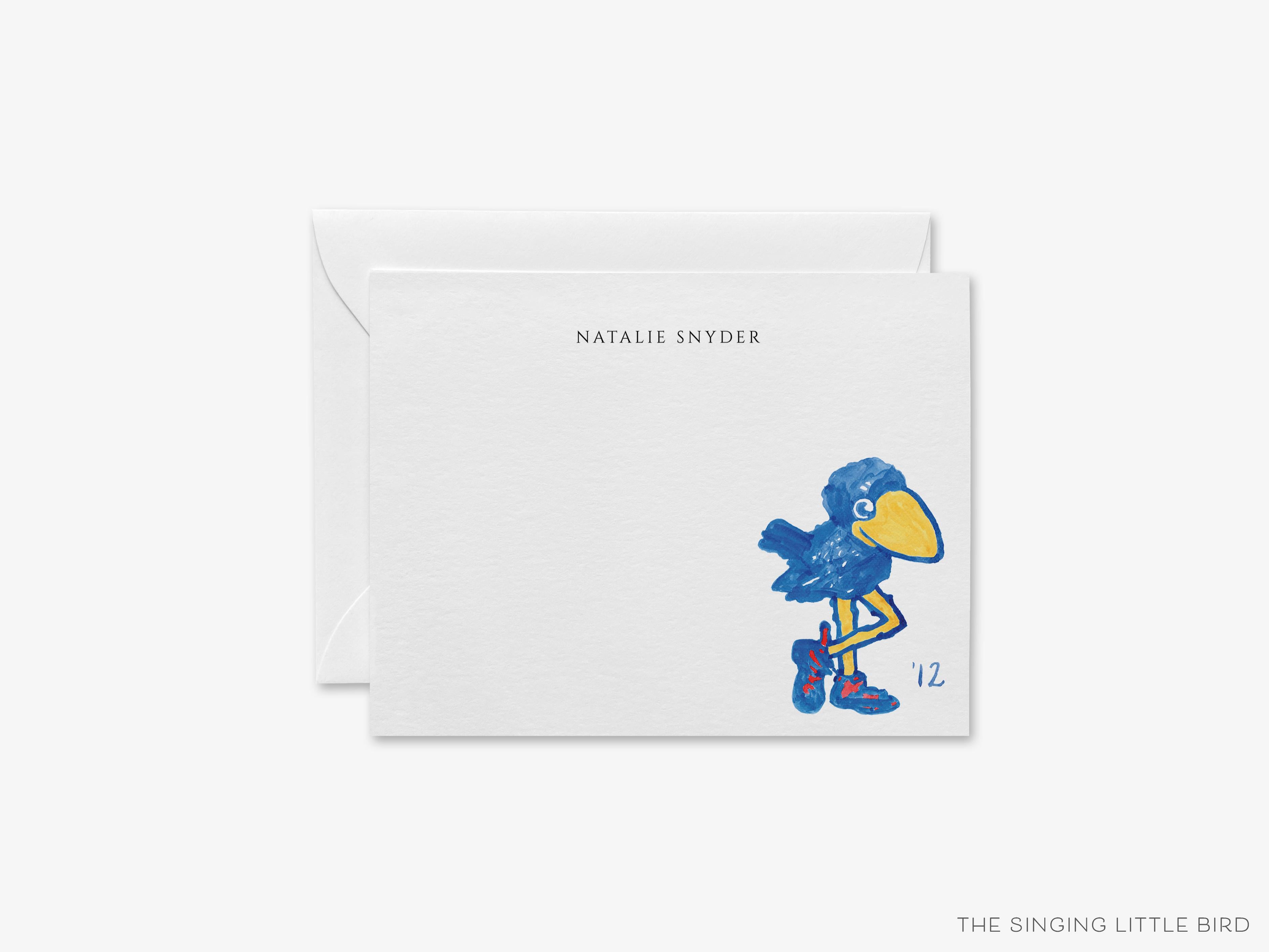 Personalized 1912 Jayhawk Flat Notes [Officially Licensed]-These personalized flat notecards are 4.25x5.5 and feature our hand-painted watercolor 1912 Kansas Jayhawk, printed in the USA on 120lb textured stock. They come with your choice of envelopes and make great thank yous and gifts for the University of Kansas lover in your life.-The Singing Little Bird