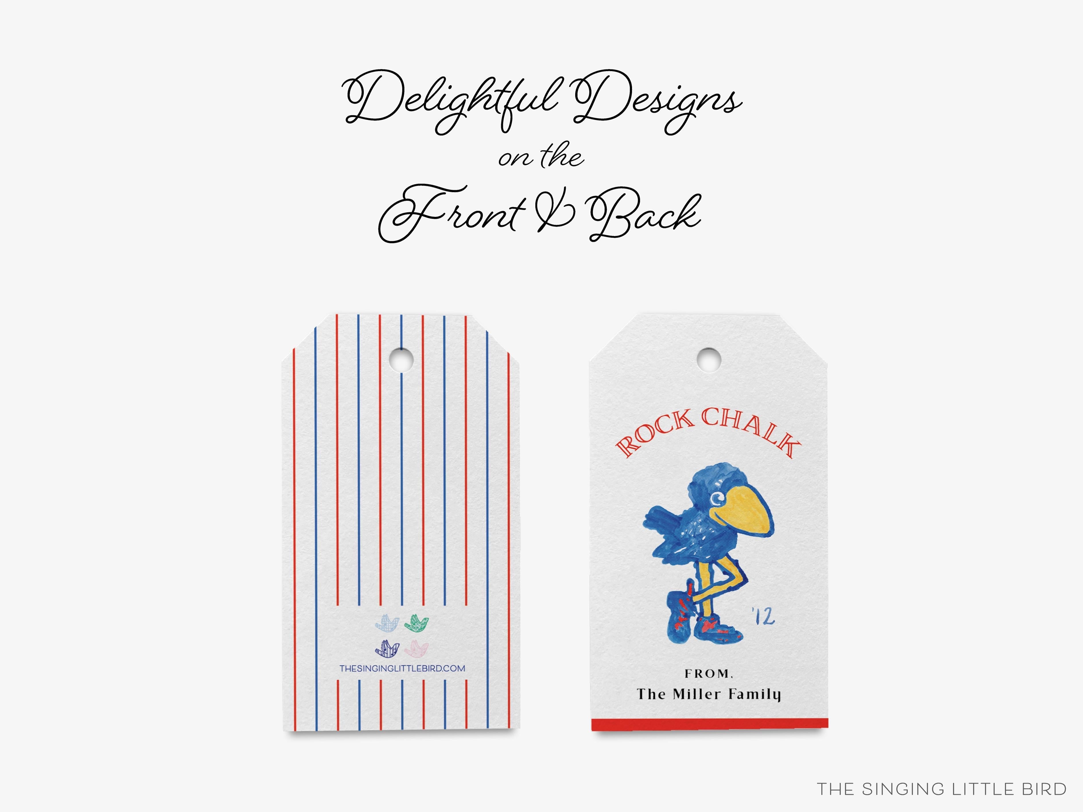 Personalized 1912 Kansas Jayhawk Gift Tags [Officially Licensed]-These gift tags come in sets, hole-punched with white twine and feature our hand-painted watercolor 1912 Kansas Jayhawk, printed in the USA on 120lb textured stock. They make great tags for gifting or gifts for the University of Kansas and vintage lover in your life.-The Singing Little Bird