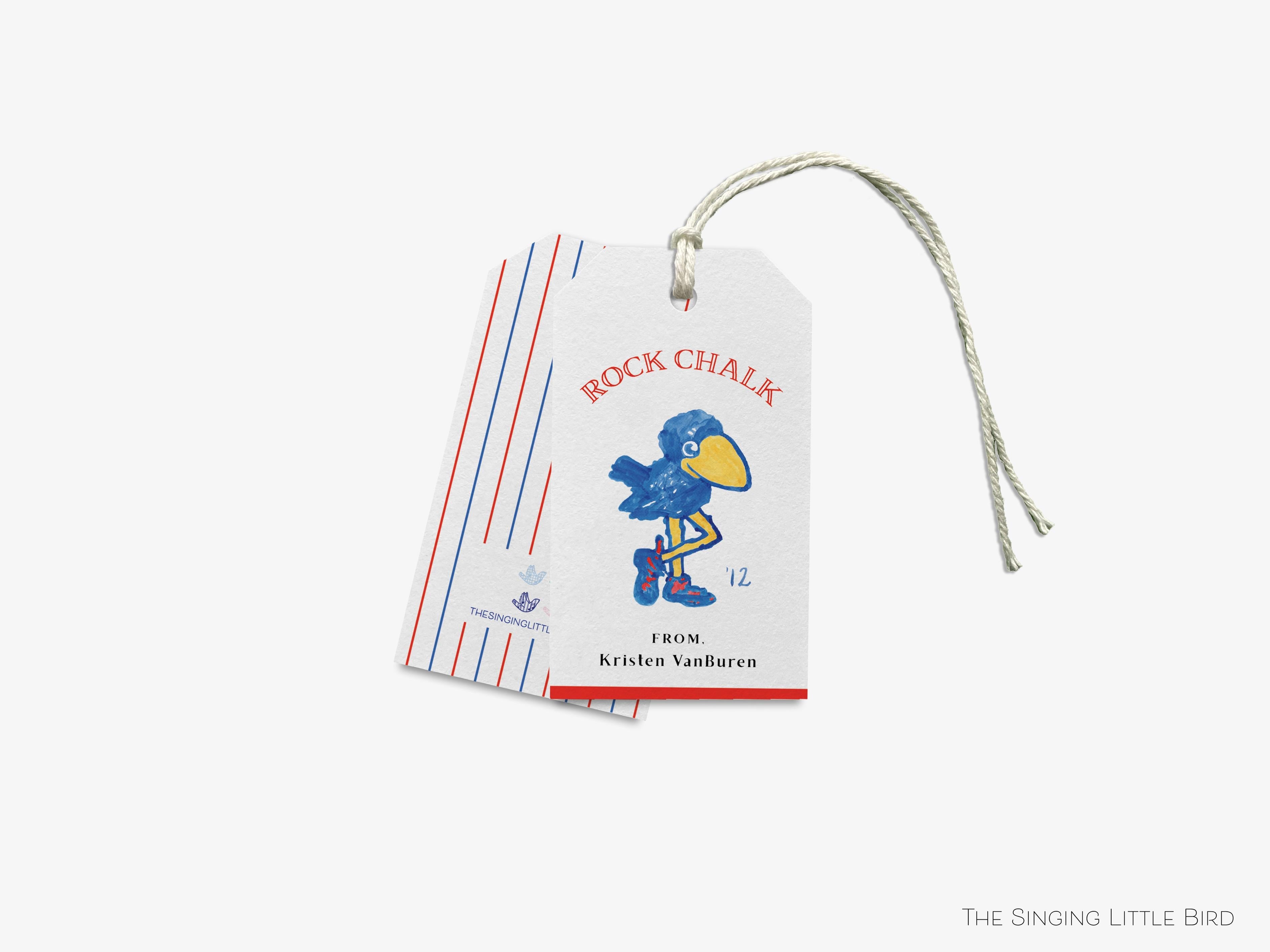 Personalized 1912 Kansas Jayhawk Gift Tags [Officially Licensed]-These gift tags come in sets, hole-punched with white twine and feature our hand-painted watercolor 1912 Kansas Jayhawk, printed in the USA on 120lb textured stock. They make great tags for gifting or gifts for the University of Kansas and vintage lover in your life.-The Singing Little Bird