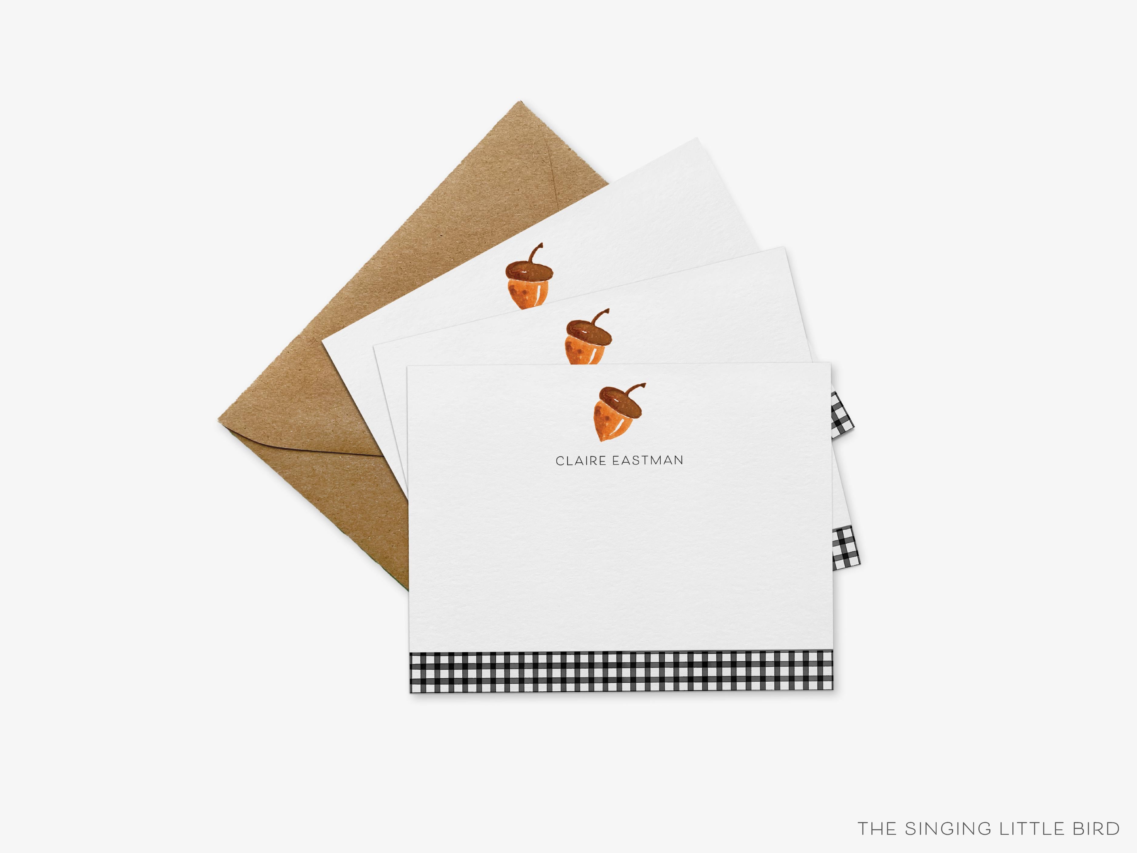 Personalized Acorn Flat Notes-These personalized flat notecards are 4.25x5.5 and feature our hand-painted watercolor acorn, printed in the USA on 120lb textured stock. They come with your choice of envelopes and make great thank yous and gifts for the fall season lover in your life.-The Singing Little Bird