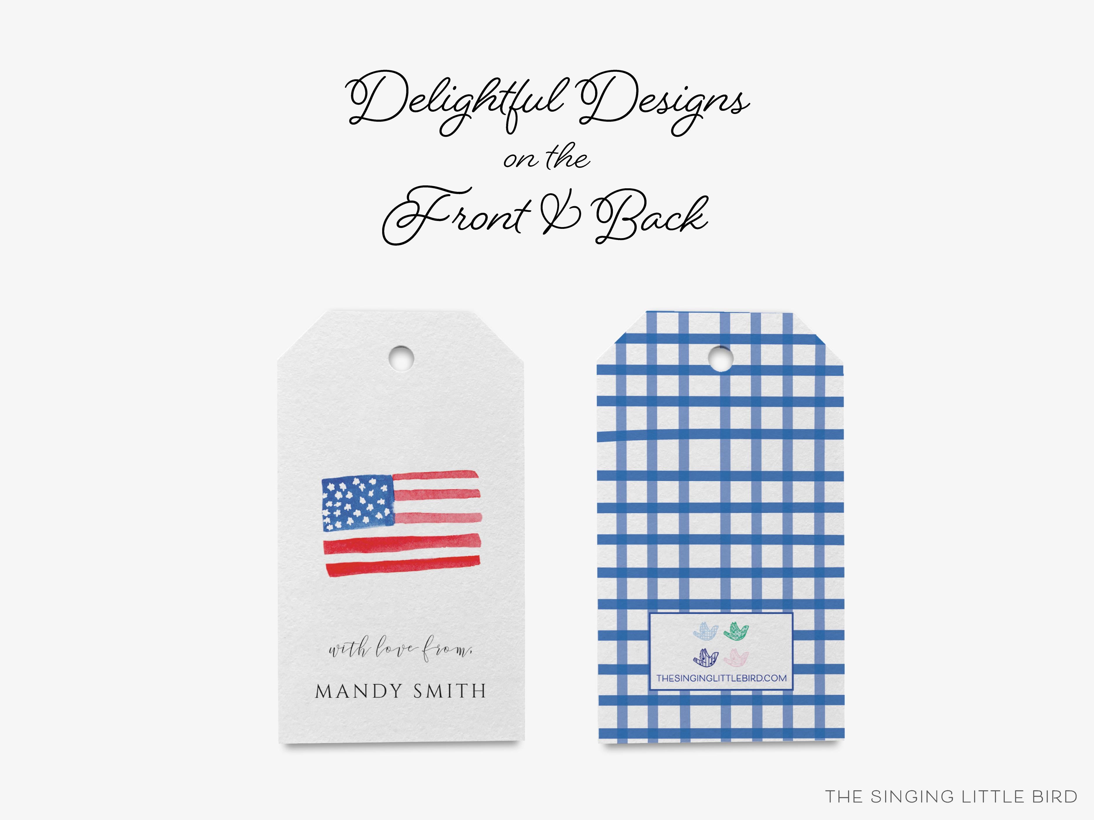 Personalized American Flag Gift Tags-These gift tags come in sets, hole-punched with white twine and feature our hand-painted watercolor American flag, printed in the USA on 120lb textured stock. They make great tags for gifting or gifts for the USA lover in your life.-The Singing Little Bird