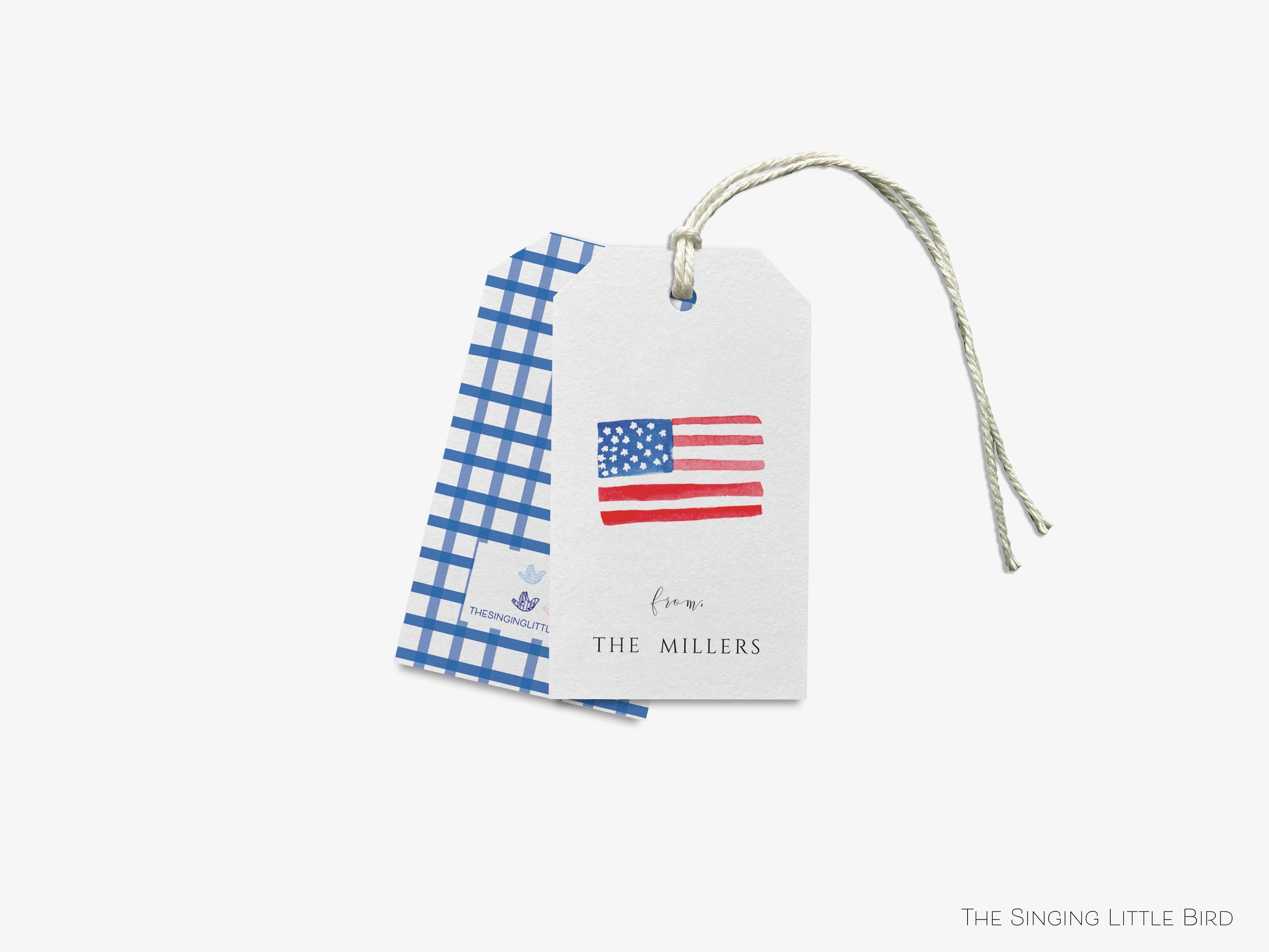 Personalized American Flag Gift Tags-These gift tags come in sets, hole-punched with white twine and feature our hand-painted watercolor American flag, printed in the USA on 120lb textured stock. They make great tags for gifting or gifts for the USA lover in your life.-The Singing Little Bird