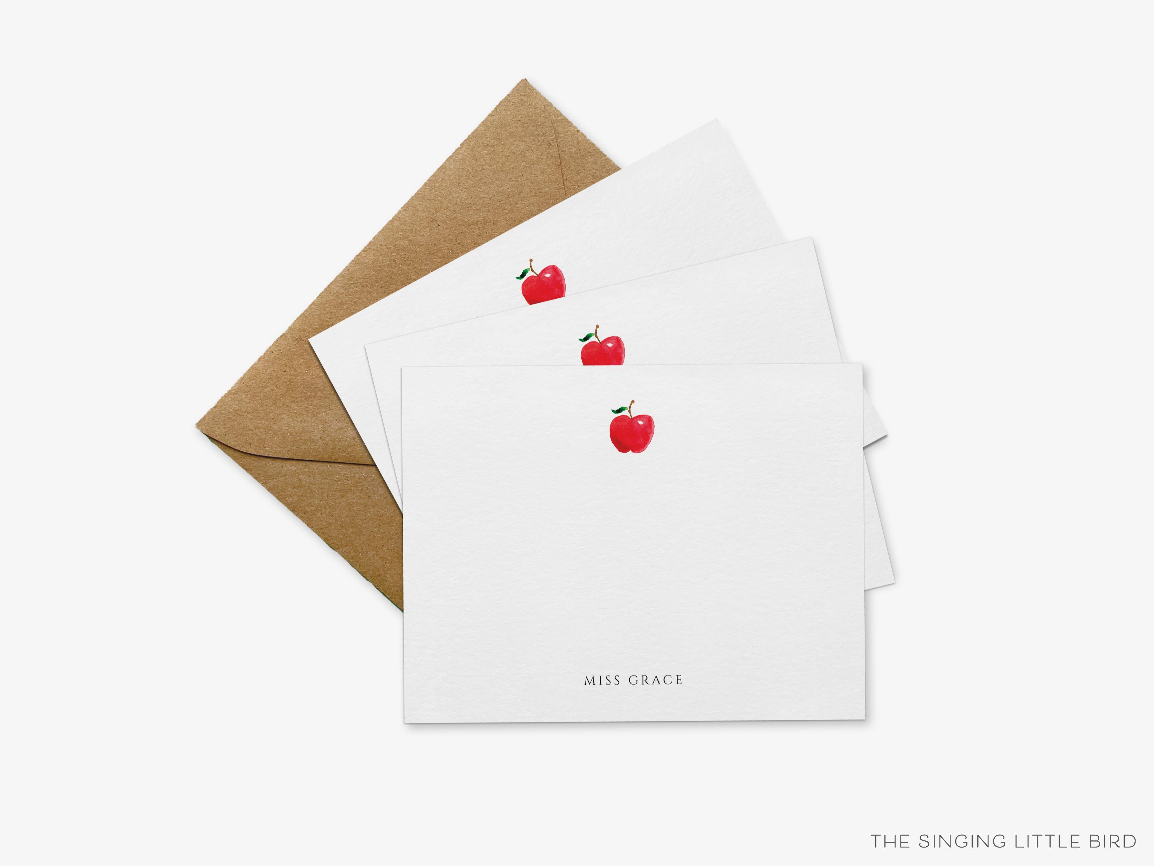 Personalized Apple Teacher Flat Notes-These personalized flat notecards are 4.25x5.5 and feature our hand-painted watercolor apple, printed in the USA on 120lb textured stock. They come with your choice of envelopes and make great thank yous and gifts for the educator lover in your life.-The Singing Little Bird