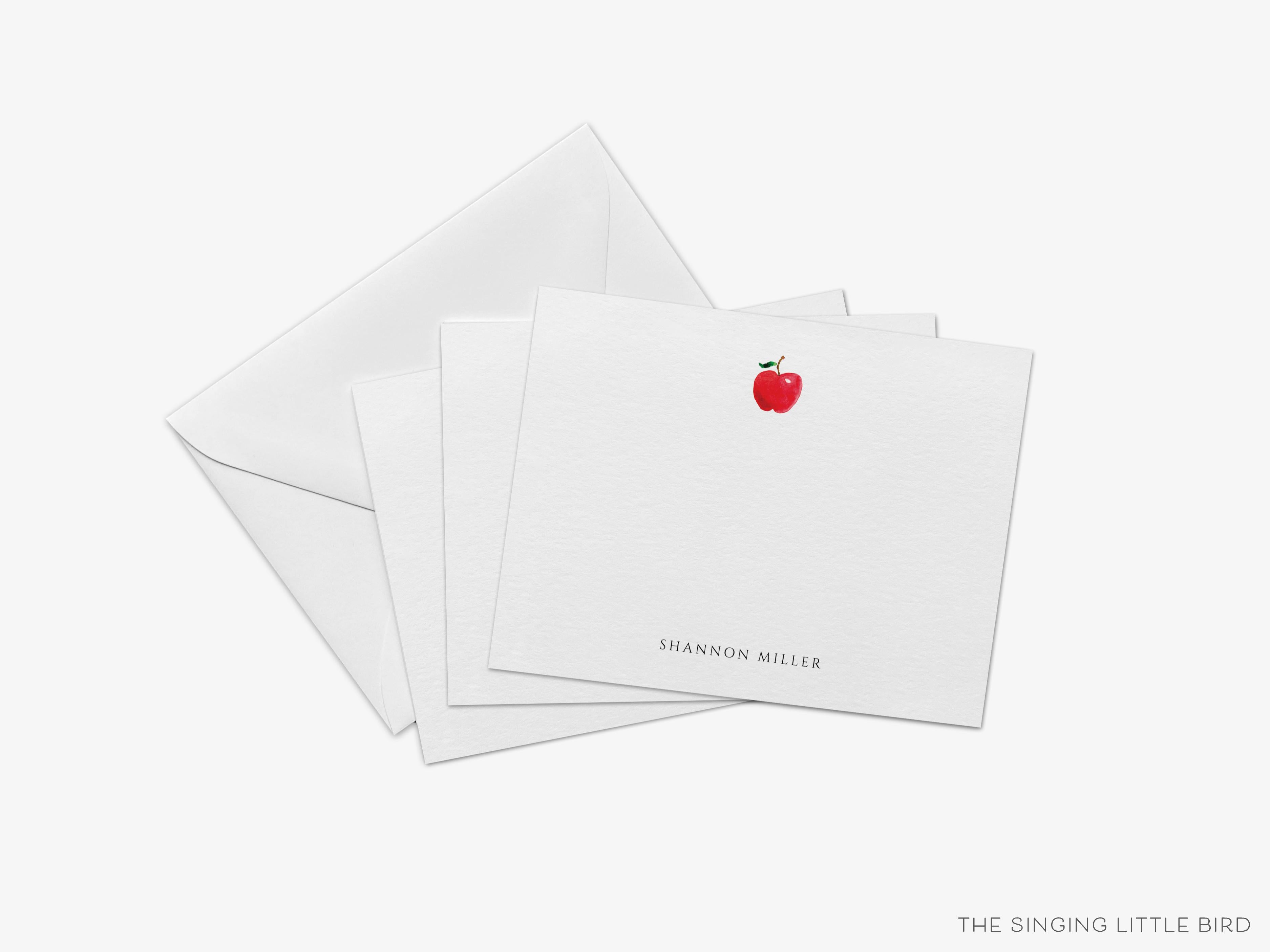 Personalized Apple Teacher Flat Notes-These personalized flat notecards are 4.25x5.5 and feature our hand-painted watercolor apple, printed in the USA on 120lb textured stock. They come with your choice of envelopes and make great thank yous and gifts for the educator lover in your life.-The Singing Little Bird