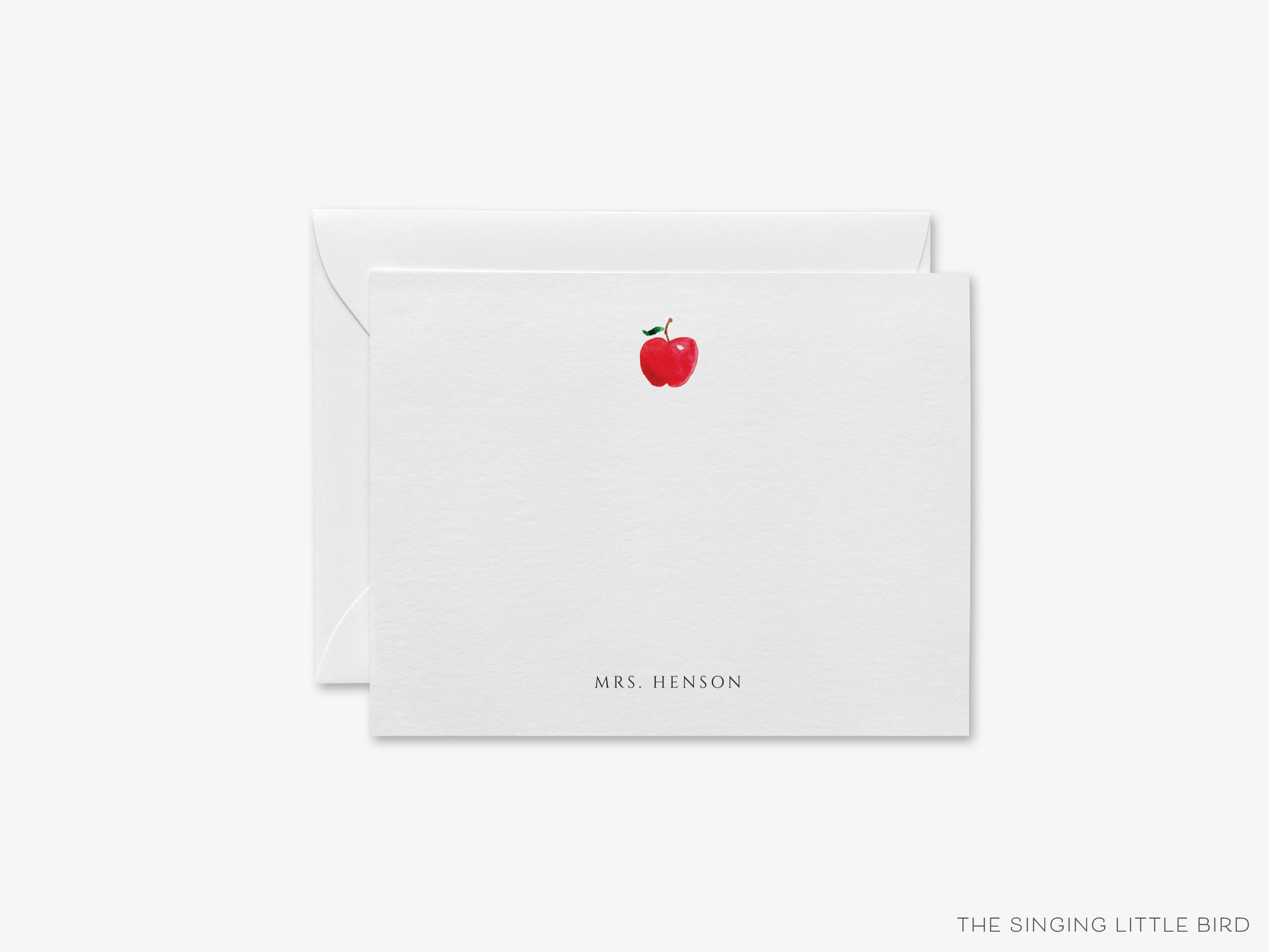 Personalized Apple Teacher Flat Notes-These personalized flat notecards are 4.25x5.5 and feature our hand-painted watercolor apple, printed in the USA on 120lb textured stock. They come with your choice of envelopes and make great thank yous and gifts for the educator lover in your life.-The Singing Little Bird