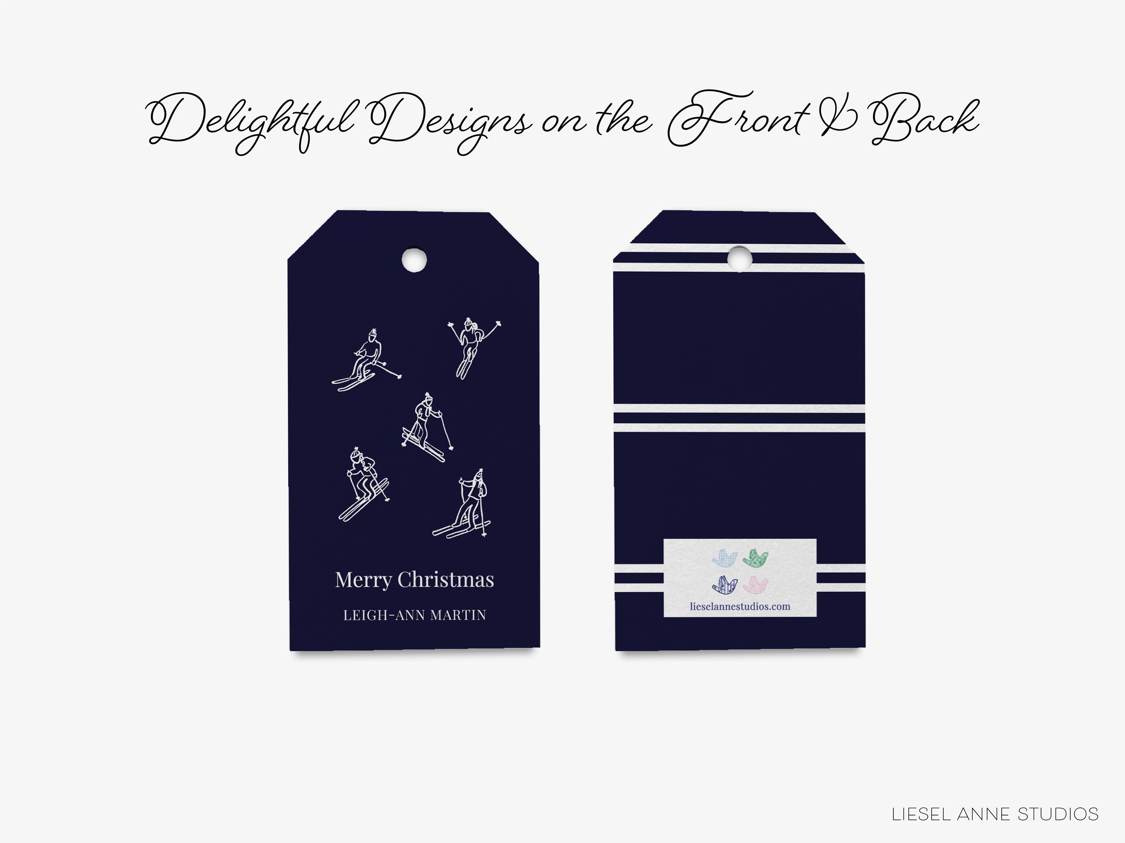 Personalized Après Ski Navy Skier Gift Tags-These gift tags come in sets, hole-punched with white twine and feature our hand-painted watercolor skiers, printed in the USA on 120lb textured stock. They make great tags for gifting or gifts for the Après ski lover in your life.-The Singing Little Bird