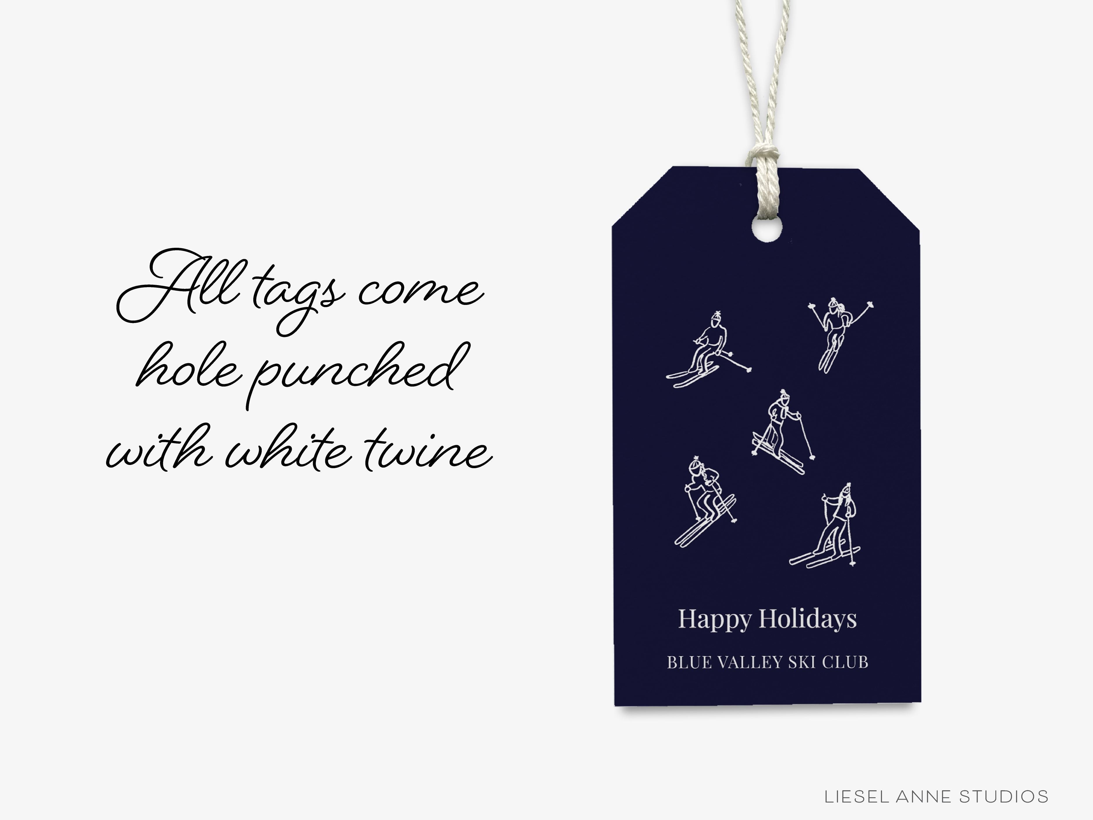 Personalized Après Ski Navy Skier Gift Tags-These gift tags come in sets, hole-punched with white twine and feature our hand-painted watercolor skiers, printed in the USA on 120lb textured stock. They make great tags for gifting or gifts for the Après ski lover in your life.-The Singing Little Bird
