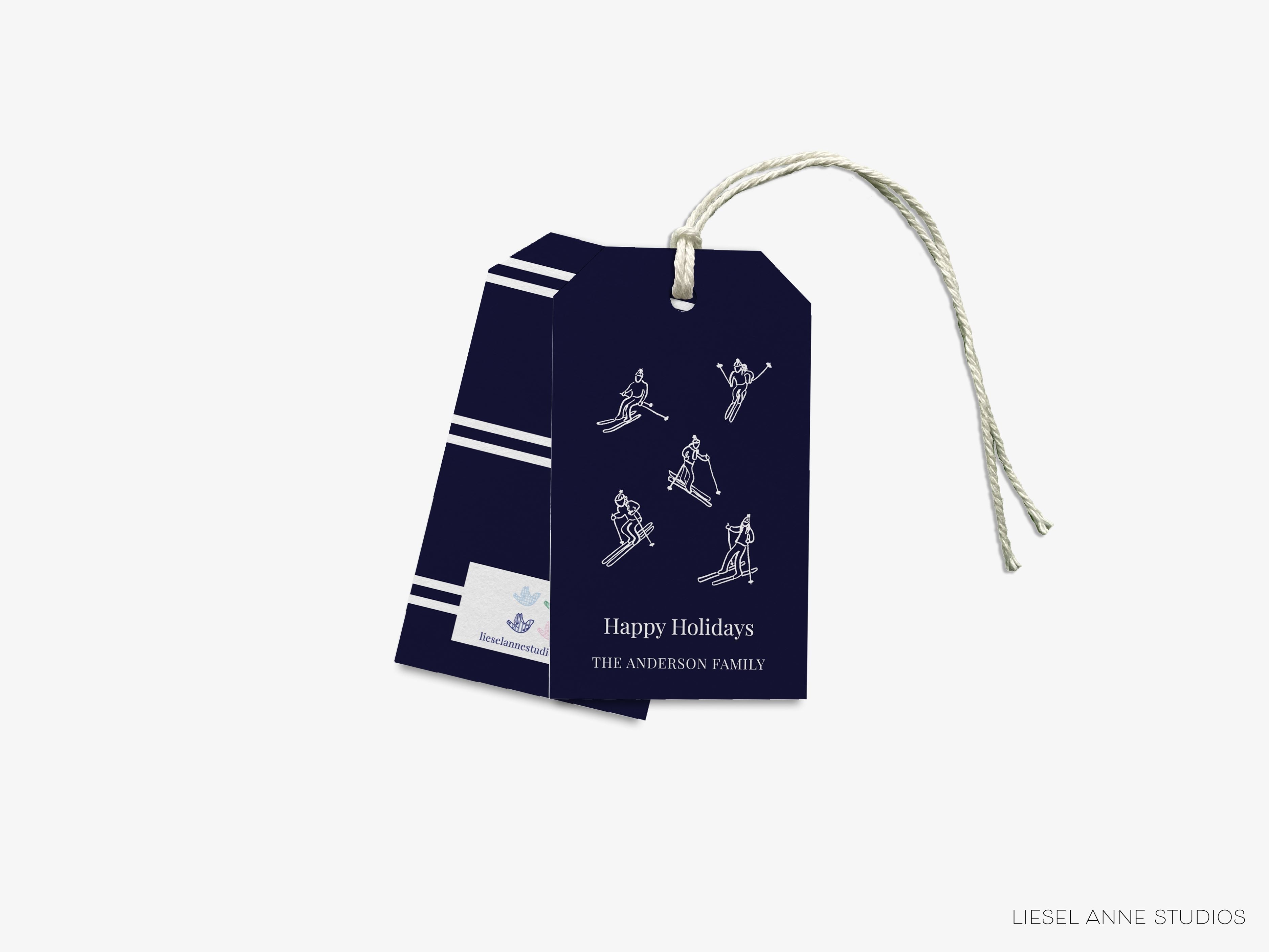 Personalized Après Ski Navy Skier Gift Tags-These gift tags come in sets, hole-punched with white twine and feature our hand-painted watercolor skiers, printed in the USA on 120lb textured stock. They make great tags for gifting or gifts for the Après ski lover in your life.-The Singing Little Bird