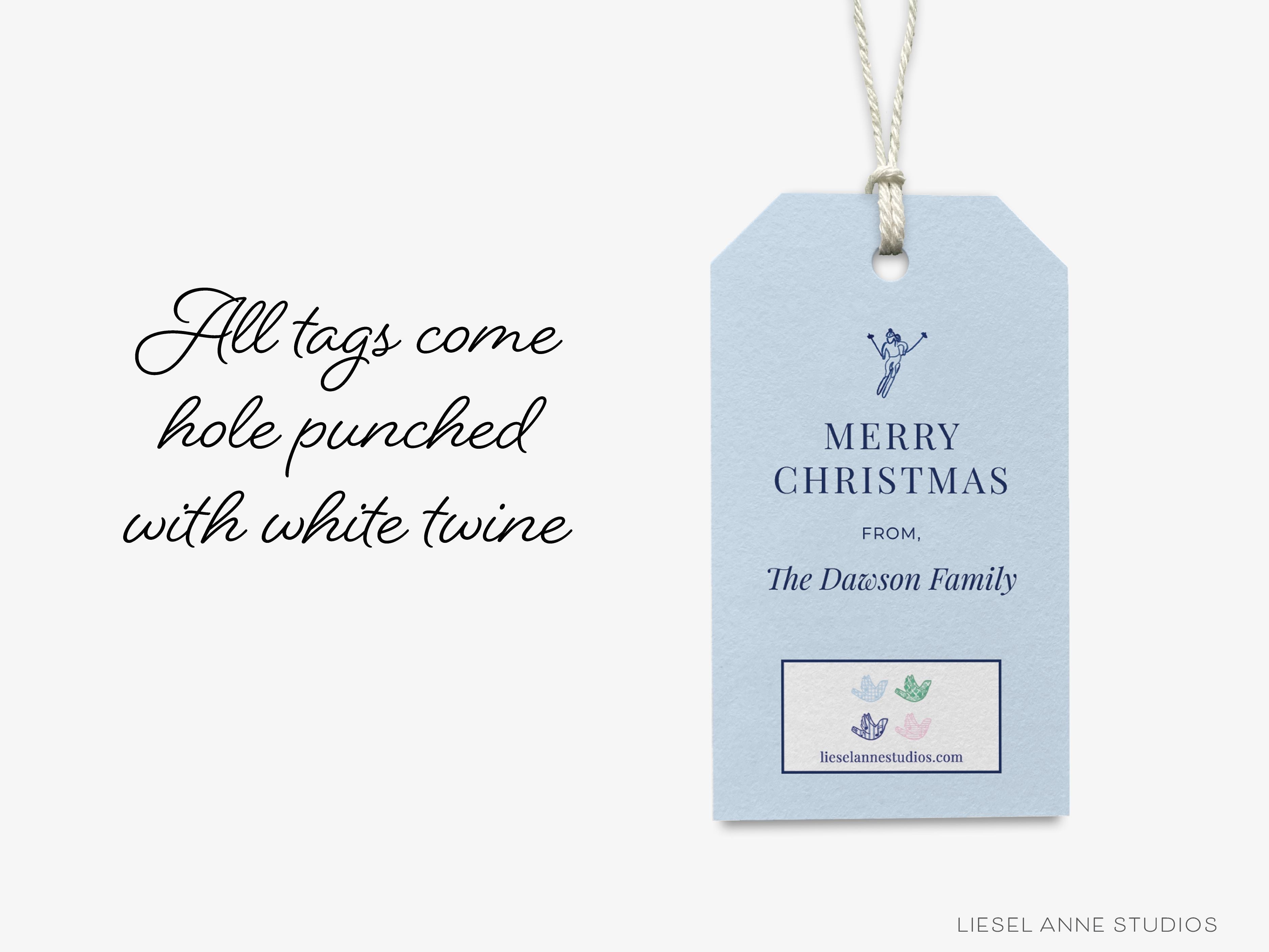 Personalized Après Ski White and Blue Gift Tags-These gift tags come in sets, hole-punched with white twine and feature our hand-painted watercolor skier, printed in the USA on 120lb textured stock. They make great tags for gifting or gifts for the ski lover in your life.-The Singing Little Bird