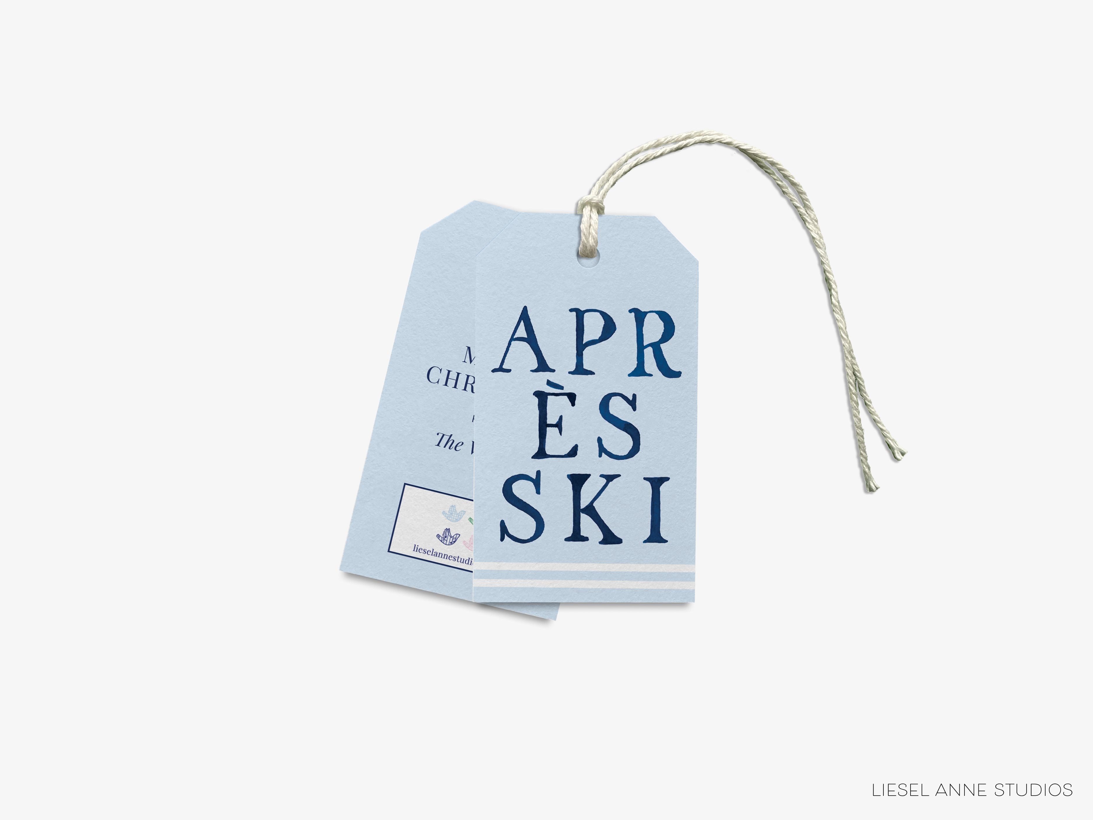 Personalized Après Ski White and Blue Gift Tags-These gift tags come in sets, hole-punched with white twine and feature our hand-painted watercolor skier, printed in the USA on 120lb textured stock. They make great tags for gifting or gifts for the ski lover in your life.-The Singing Little Bird