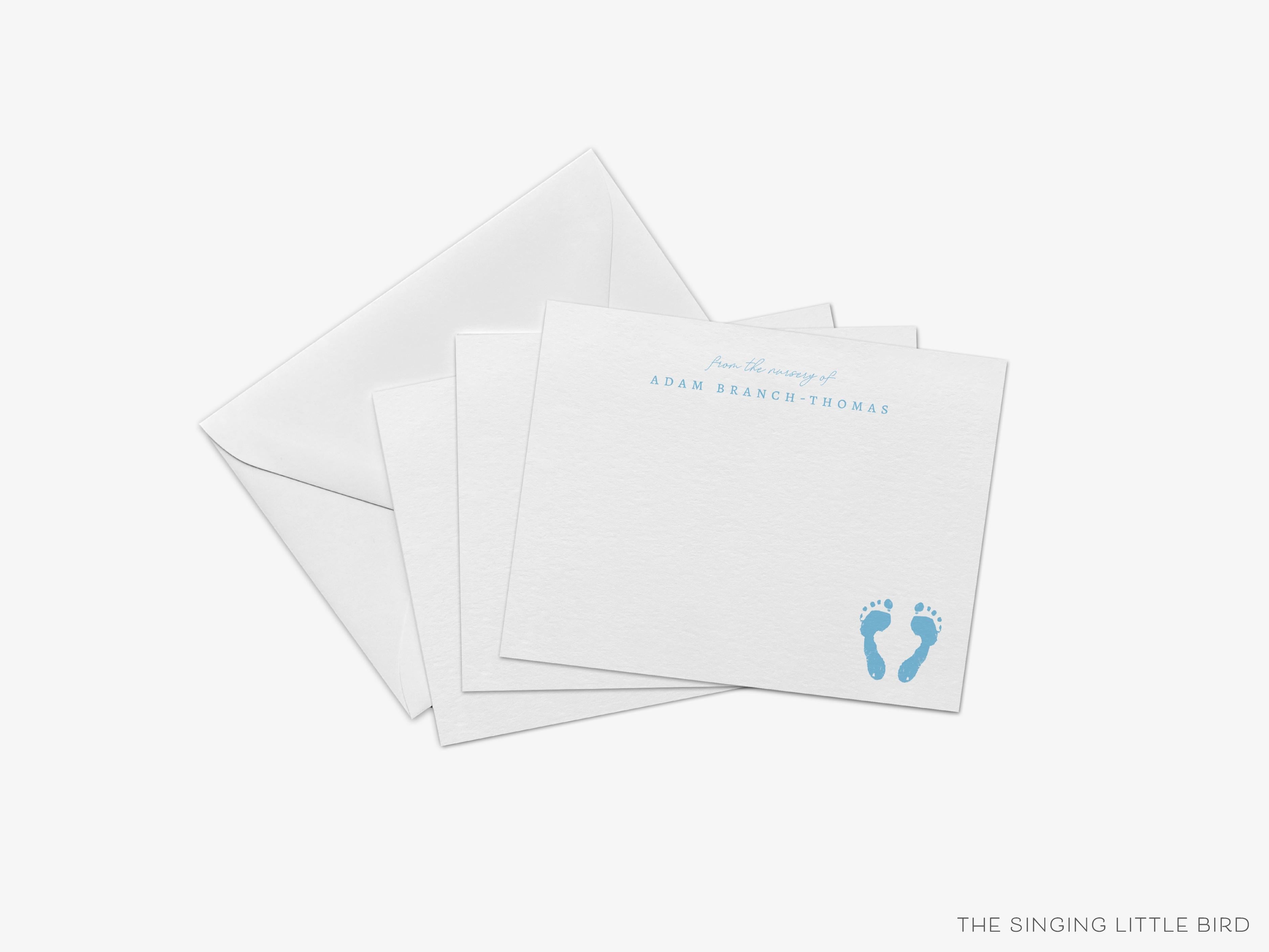 Personalized Baby Feet Flat Notes-These personalized flat notecards are 4.25x5.5 and feature our hand-painted watercolor footprints, printed in the USA on 120lb textured stock. They come with your choice of envelopes and make great thank yous and gifts for the newborn in your life.-The Singing Little Bird