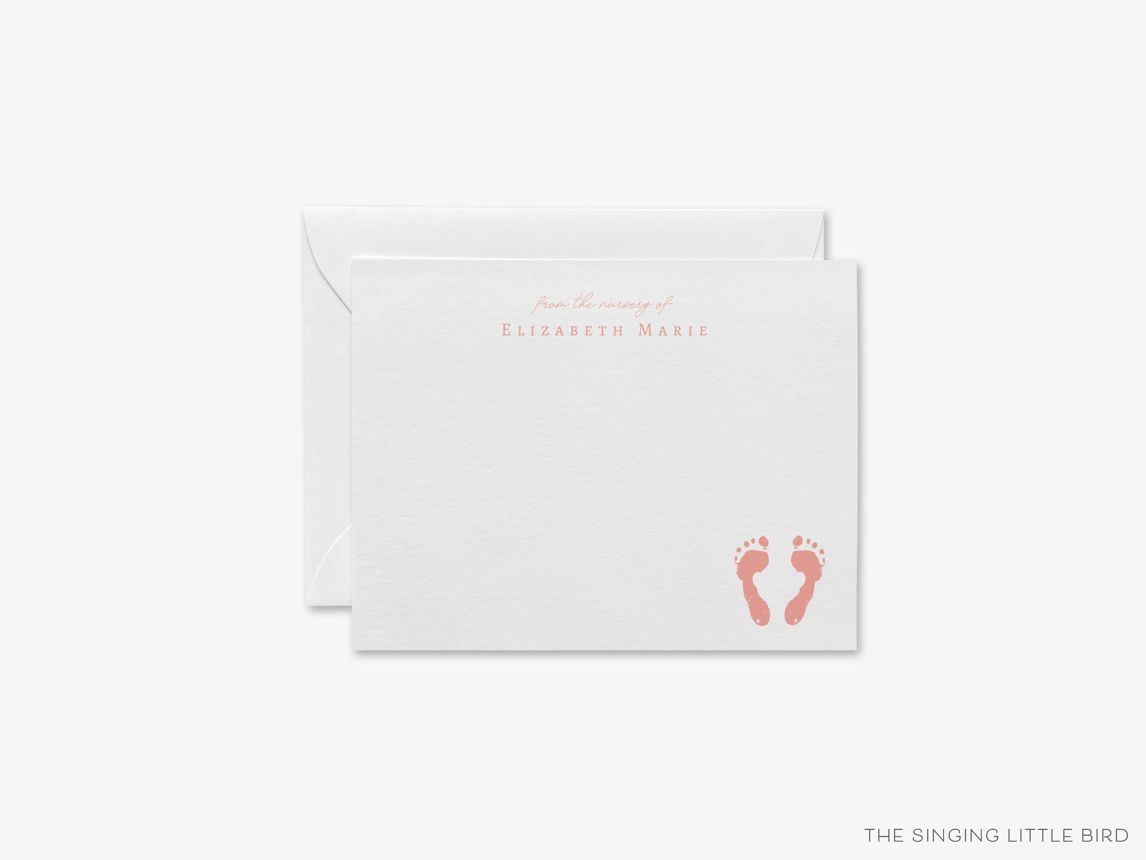 Personalized Baby Feet Flat Notes-These personalized flat notecards are 4.25x5.5 and feature our hand-painted watercolor footprints, printed in the USA on 120lb textured stock. They come with your choice of envelopes and make great thank yous and gifts for the newborn in your life.-The Singing Little Bird