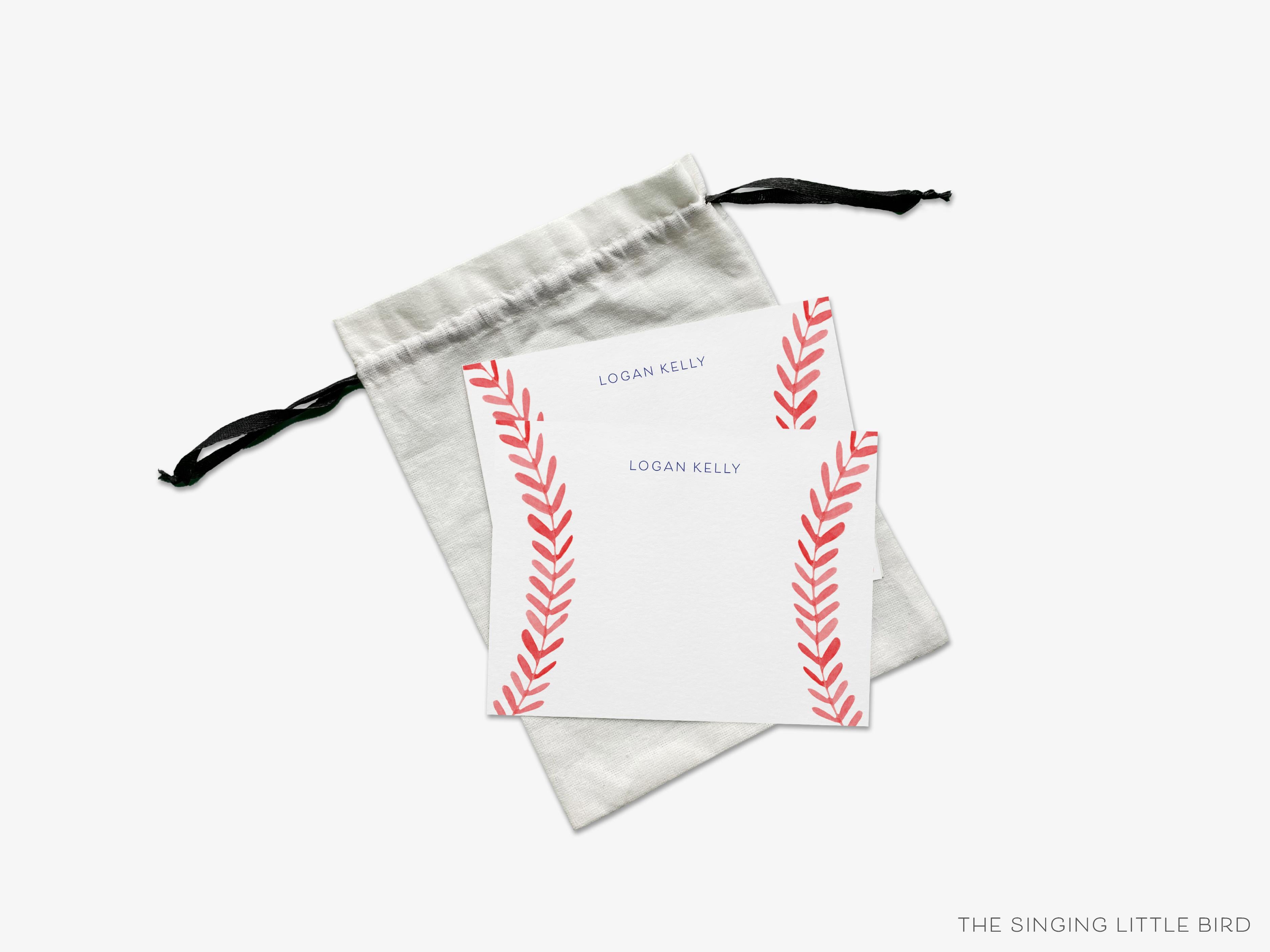 Personalized Baseball Seams Flat Notes-These personalized flat notecards are 4.25x5.5 and feature our hand-painted watercolor baseball seams, printed in the USA on 120lb textured stock. They come with your choice of envelopes and make great thank yous and gifts for the baseball lover in your life.-The Singing Little Bird
