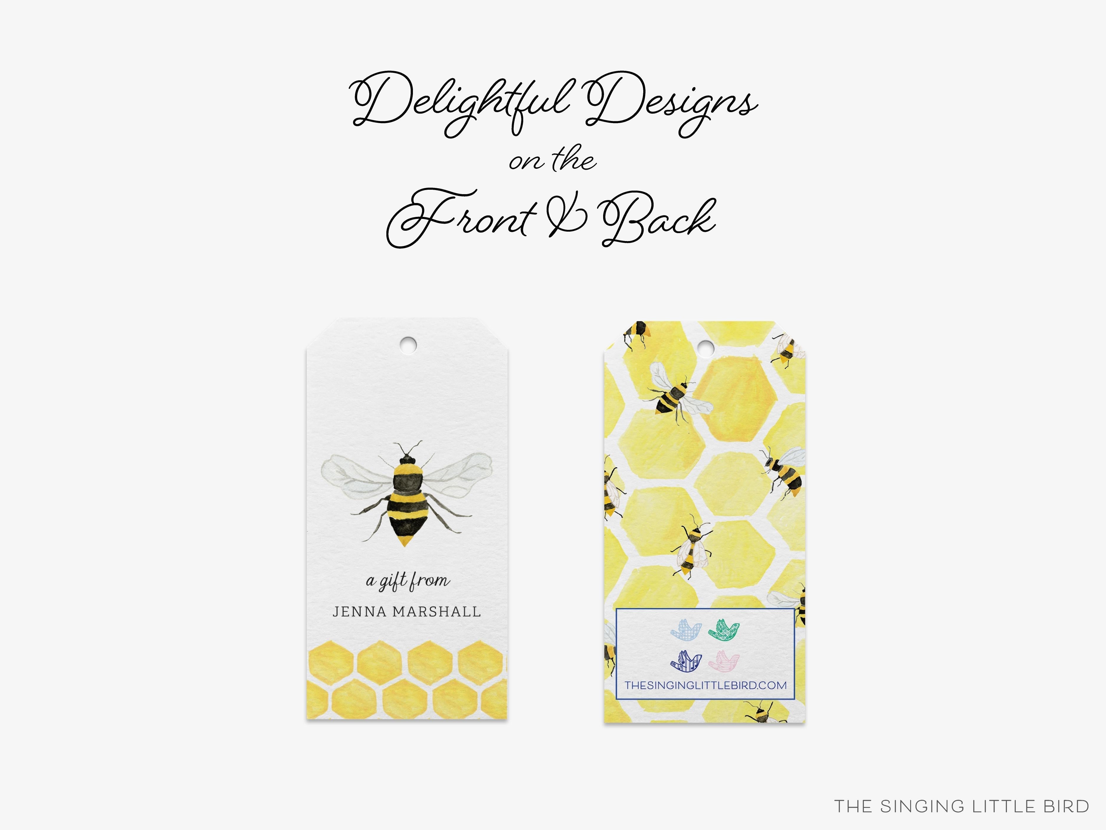 Personalized Bee Gift Tags-These gift tags come in sets, hole-punched with white twine and feature our hand-painted watercolor bee, printed in the USA on 120lb textured stock. They make great tags for gifting or gifts for the bee lover in your life.-The Singing Little Bird