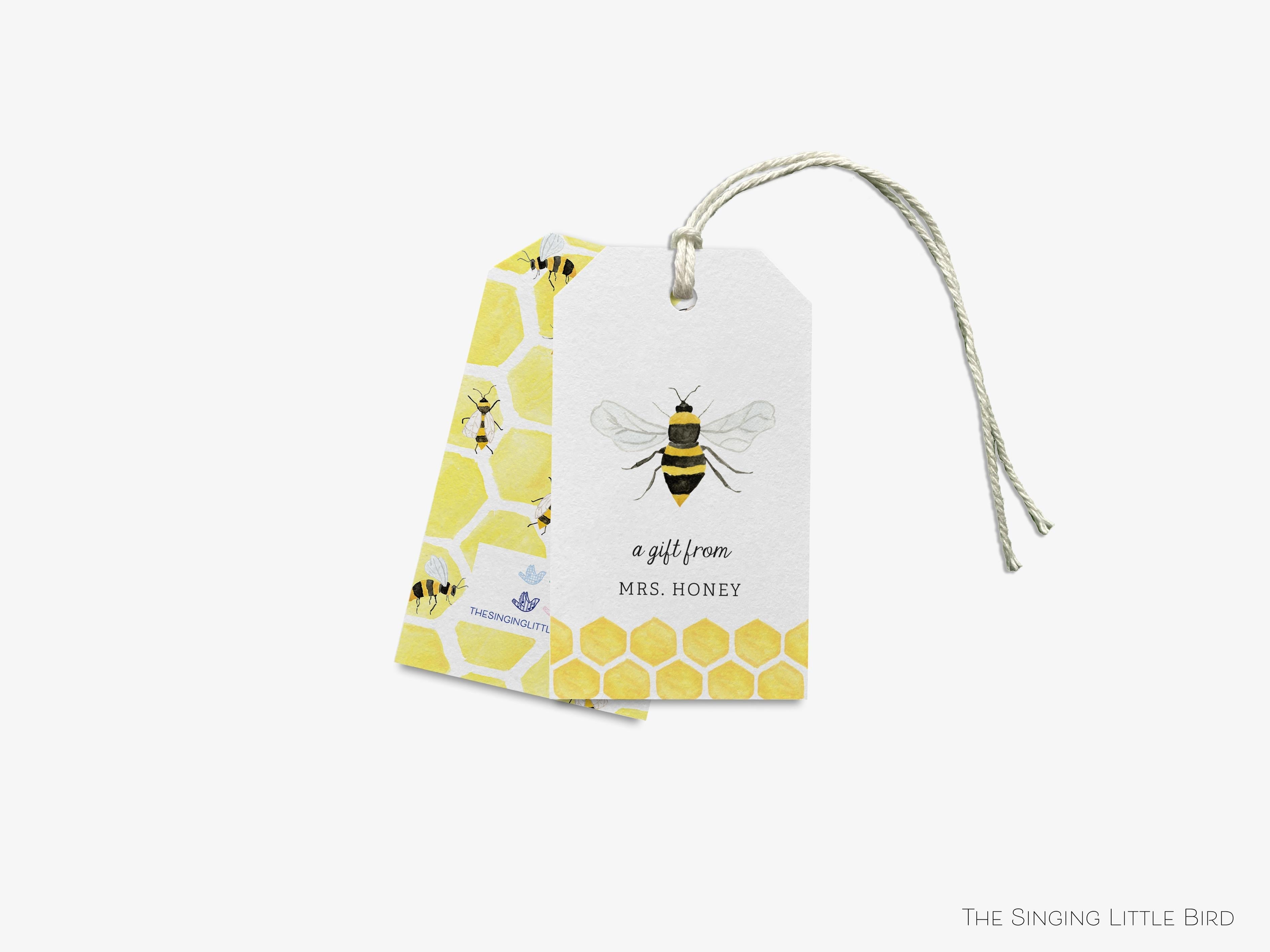Personalized Bee Gift Tags-These gift tags come in sets, hole-punched with white twine and feature our hand-painted watercolor bee, printed in the USA on 120lb textured stock. They make great tags for gifting or gifts for the bee lover in your life.-The Singing Little Bird