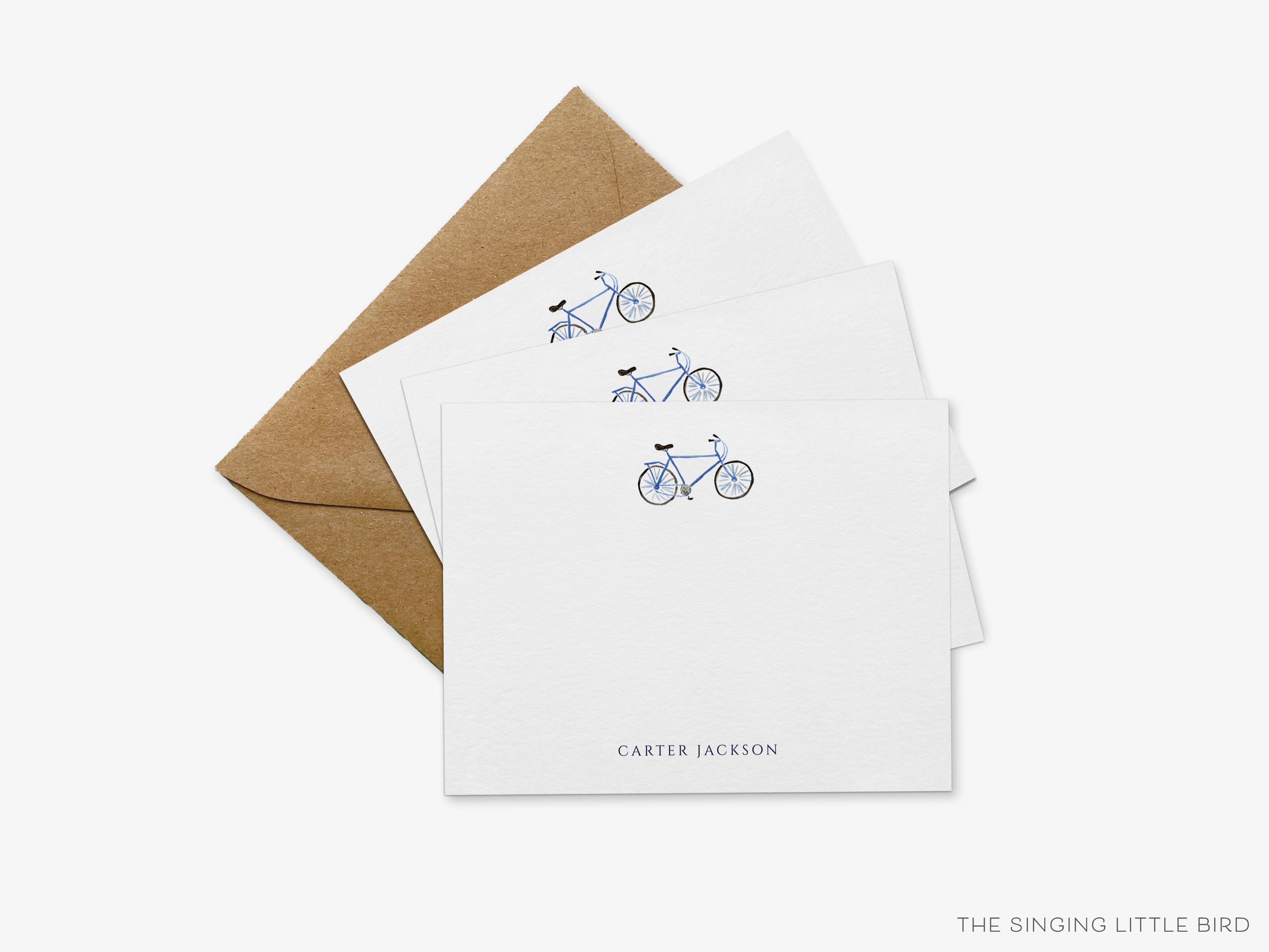 Personalized Bicycle Emblem Flat Notes-These personalized flat notecards are 4.25x5.5 and feature our hand-painted watercolor bicycle, printed in the USA on 120lb textured stock. They come with your choice of envelopes and make great thank yous and gifts for the bike lover in your life.-The Singing Little Bird