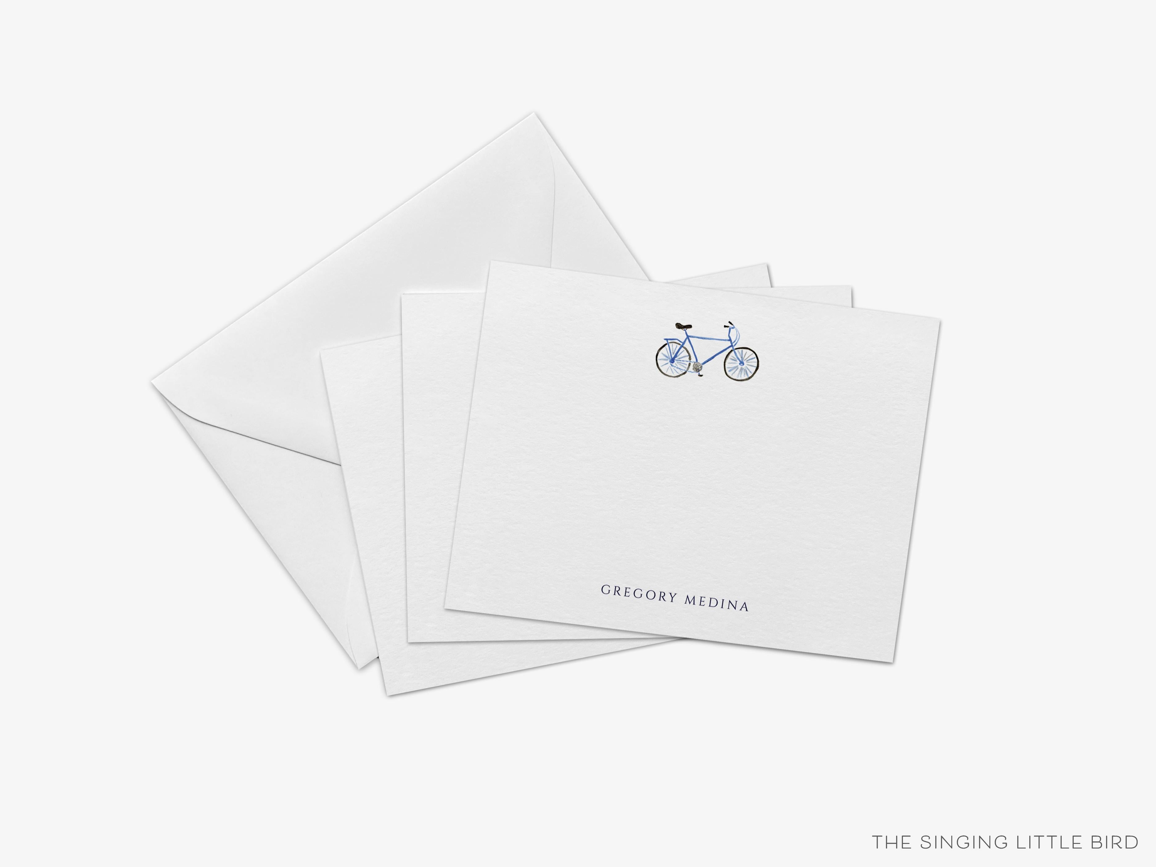 Personalized Bicycle Emblem Flat Notes-These personalized flat notecards are 4.25x5.5 and feature our hand-painted watercolor bicycle, printed in the USA on 120lb textured stock. They come with your choice of envelopes and make great thank yous and gifts for the bike lover in your life.-The Singing Little Bird