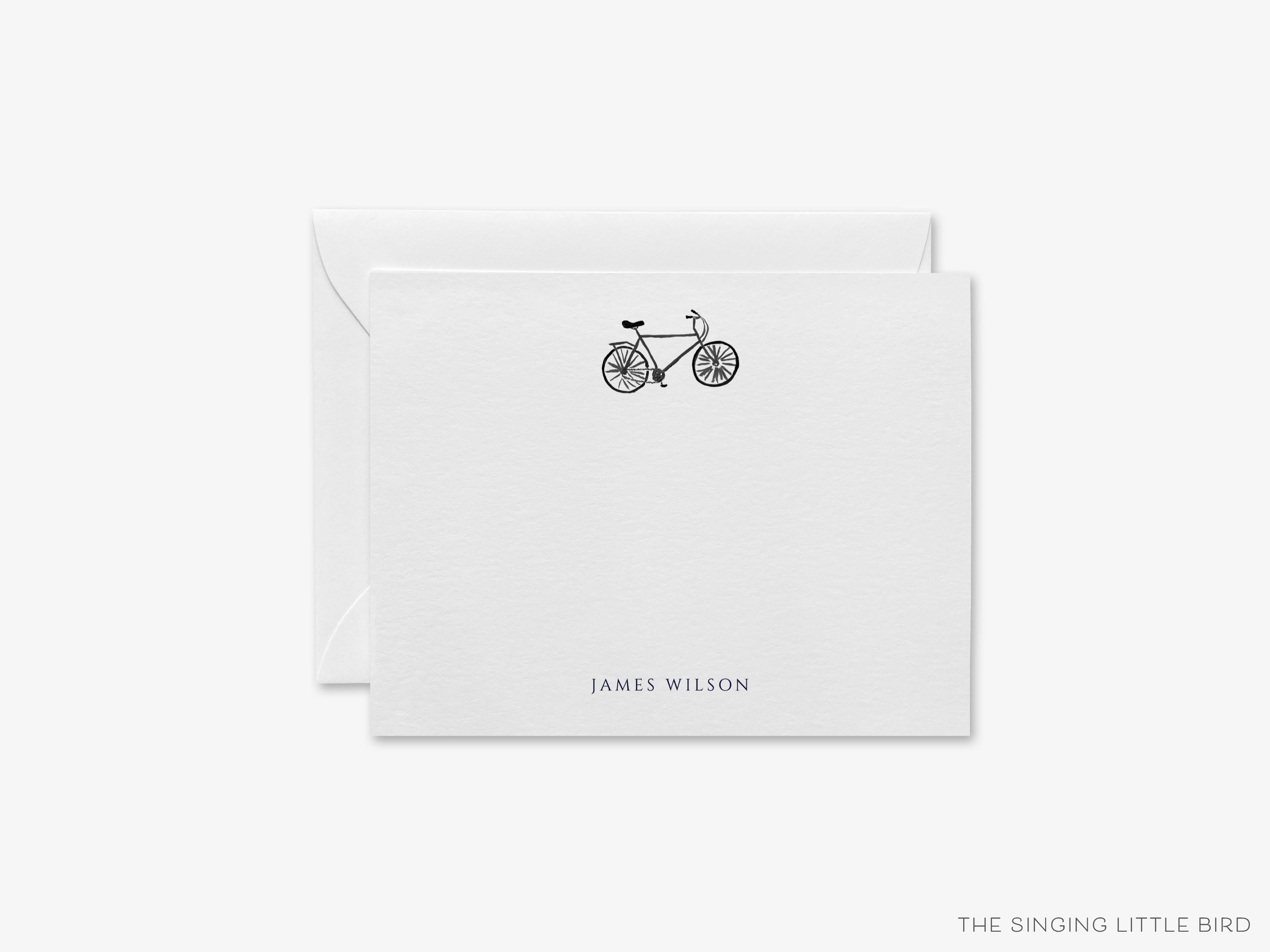 Personalized Bicycle Emblem Flat Notes-These personalized flat notecards are 4.25x5.5 and feature our hand-painted watercolor bicycle, printed in the USA on 120lb textured stock. They come with your choice of envelopes and make great thank yous and gifts for the bike lover in your life.-The Singing Little Bird