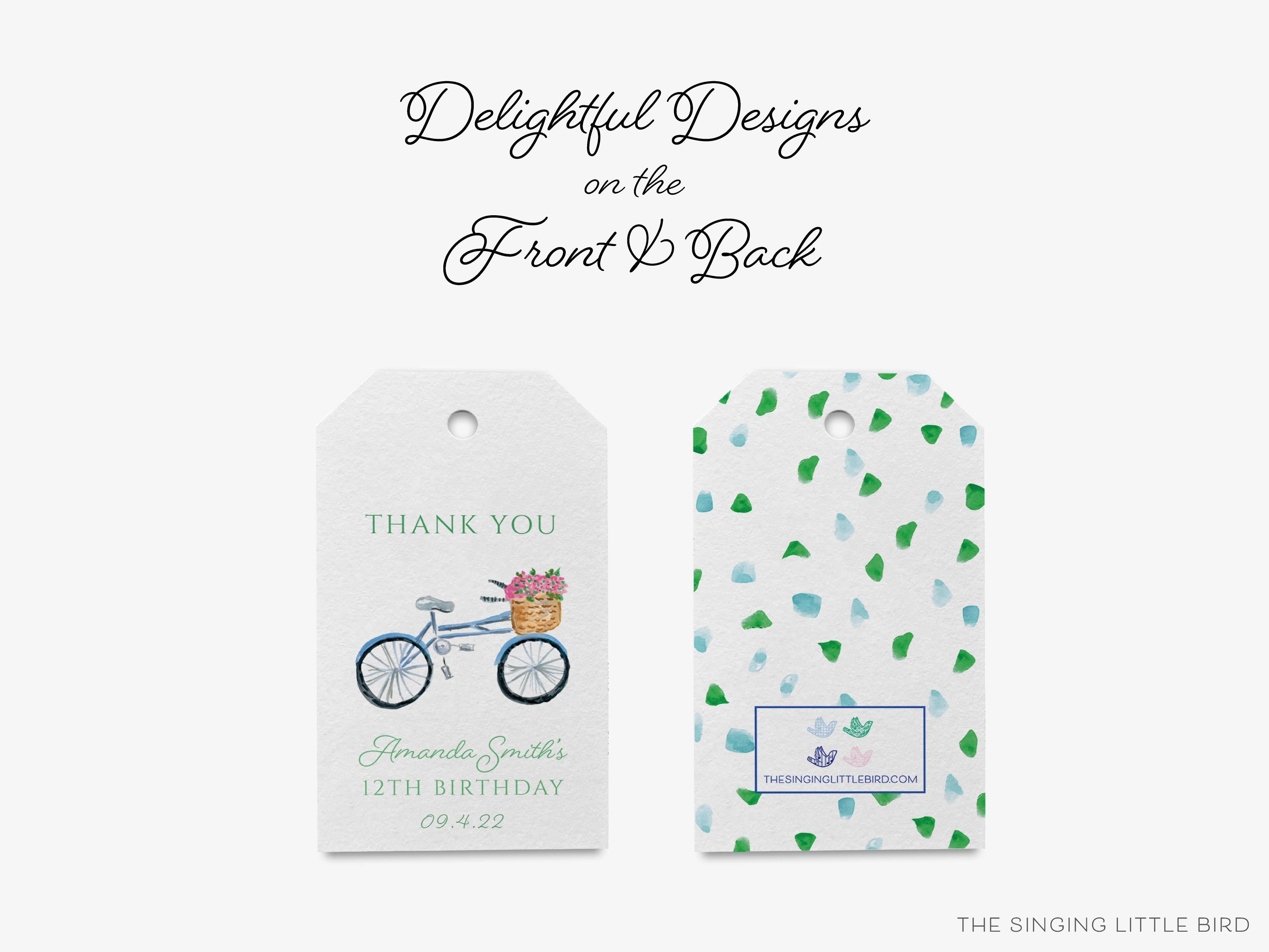 Personalized Bicycle Favor Tags-These gift tags come in sets, hole-punched with white twine and feature our hand-painted watercolor bicycle with basket of flowers, printed in the USA on 120lb textured stock. They make great tags for gifting or gifts for the bike lover in your life.-The Singing Little Bird