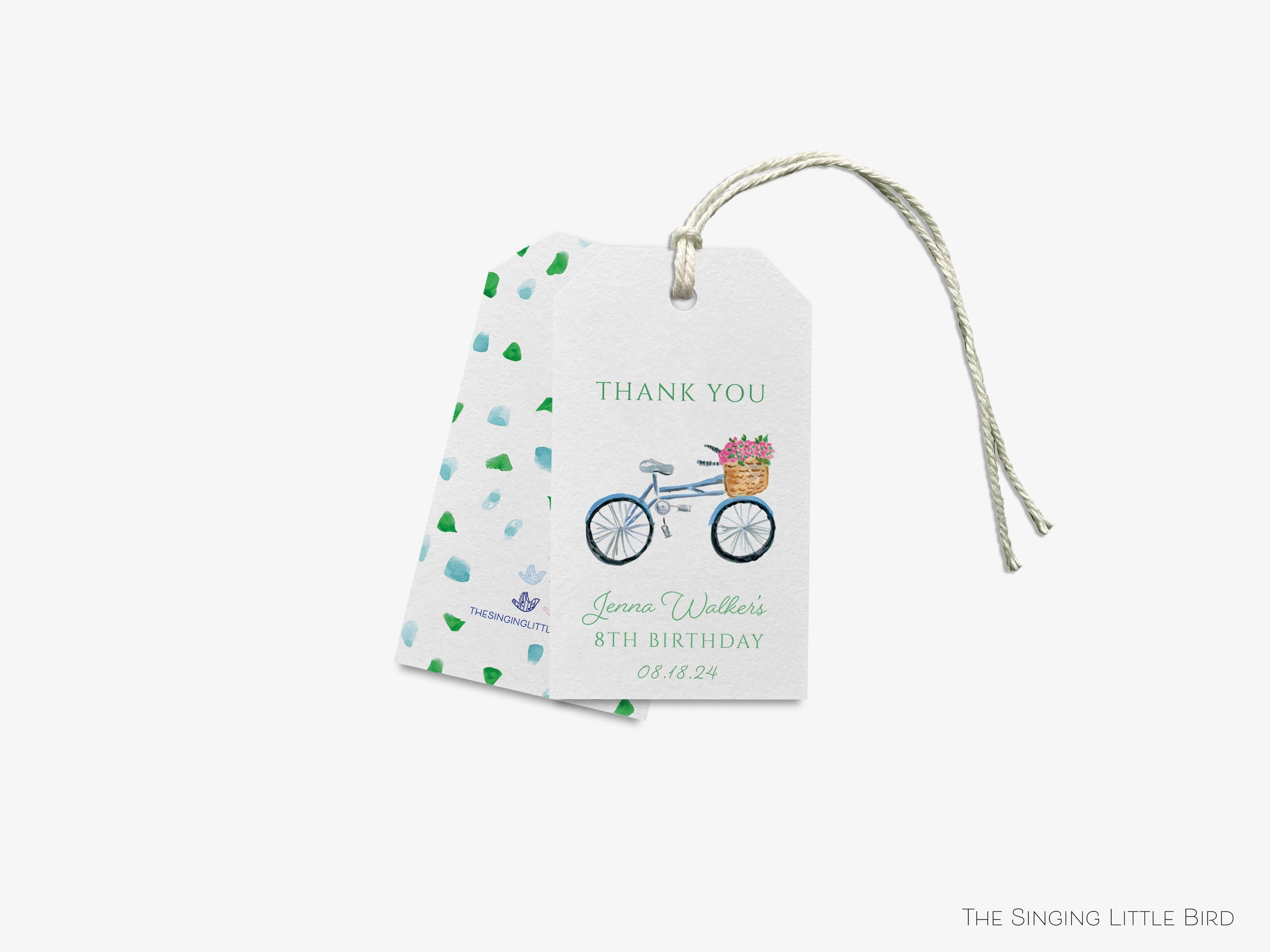 Personalized Bicycle Favor Tags-These gift tags come in sets, hole-punched with white twine and feature our hand-painted watercolor bicycle with basket of flowers, printed in the USA on 120lb textured stock. They make great tags for gifting or gifts for the bike lover in your life.-The Singing Little Bird